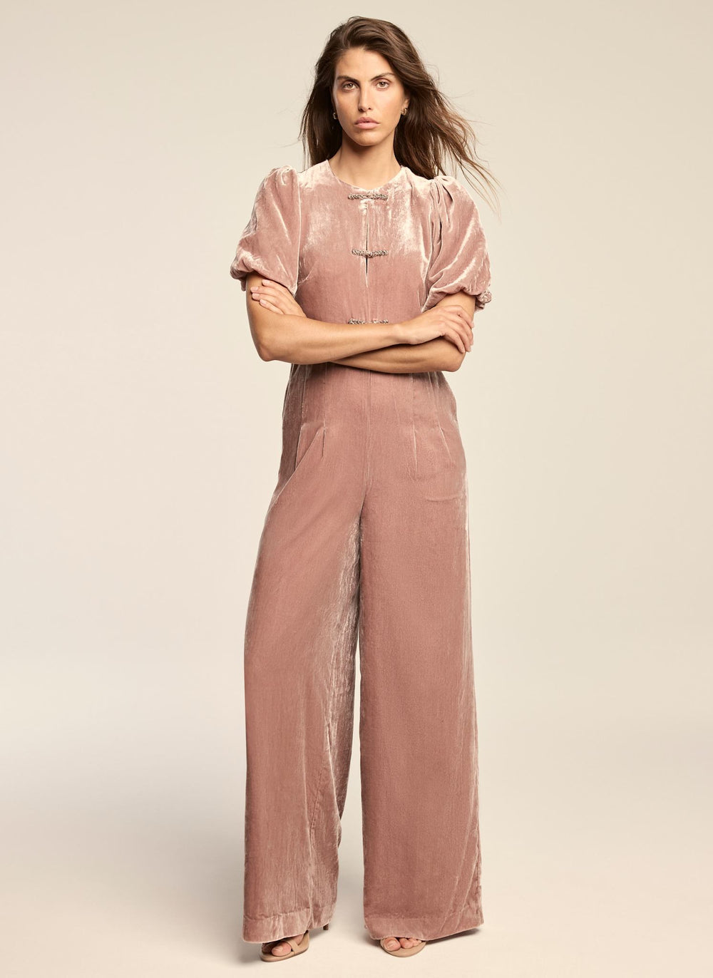 Pink Velvet Puff Sleeve Jumpsuit