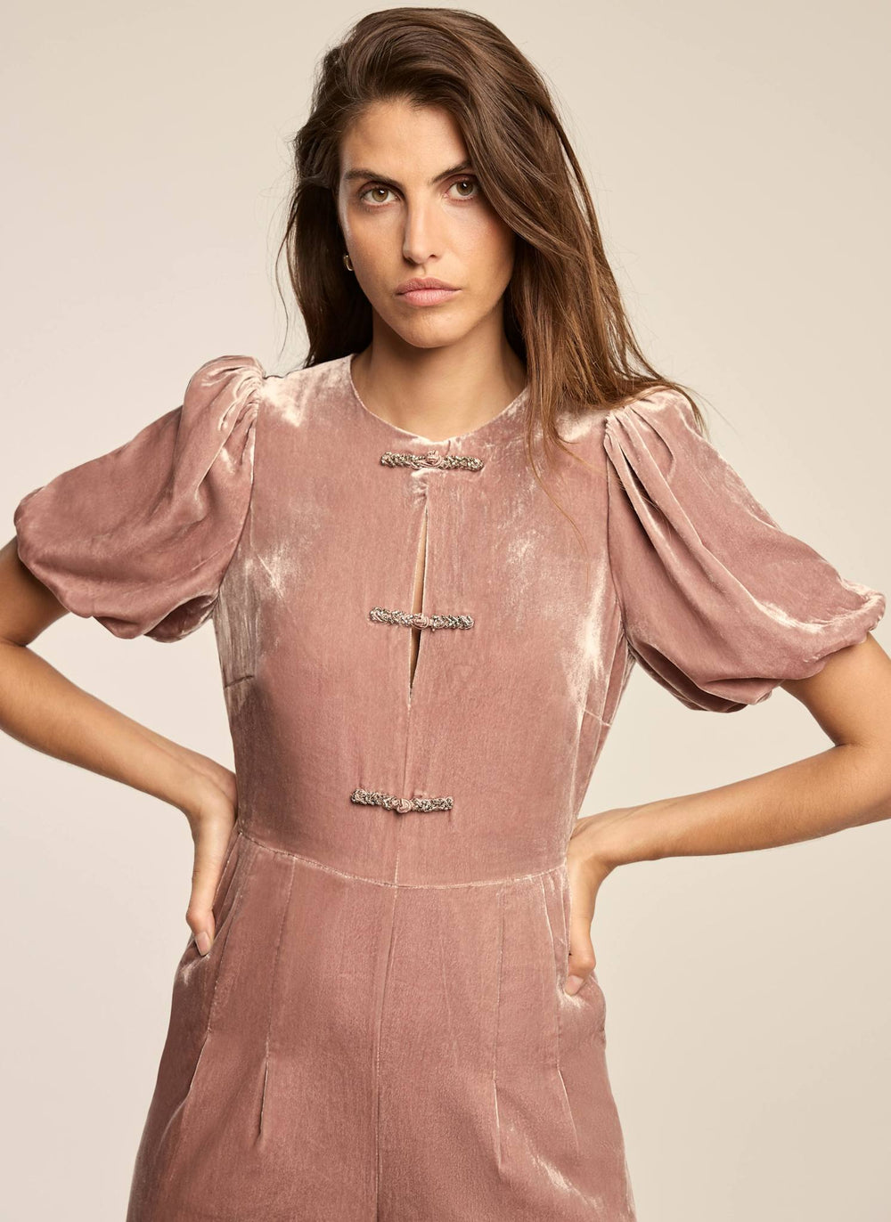 Pink Velvet Puff Sleeve Jumpsuit