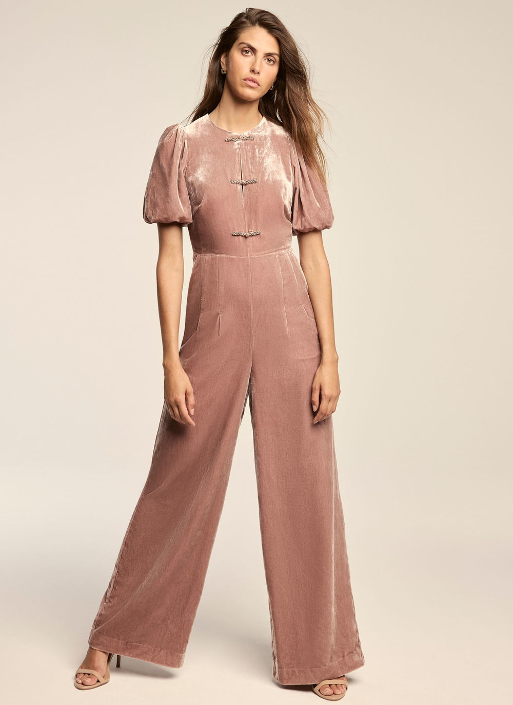 Pink Velvet Puff Sleeve Jumpsuit