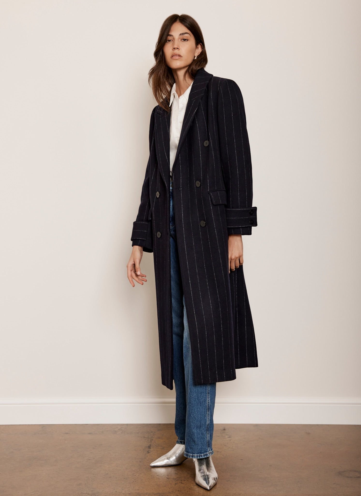 Navy Pinstripe Wool Blend Long Coat – Mint Velvet