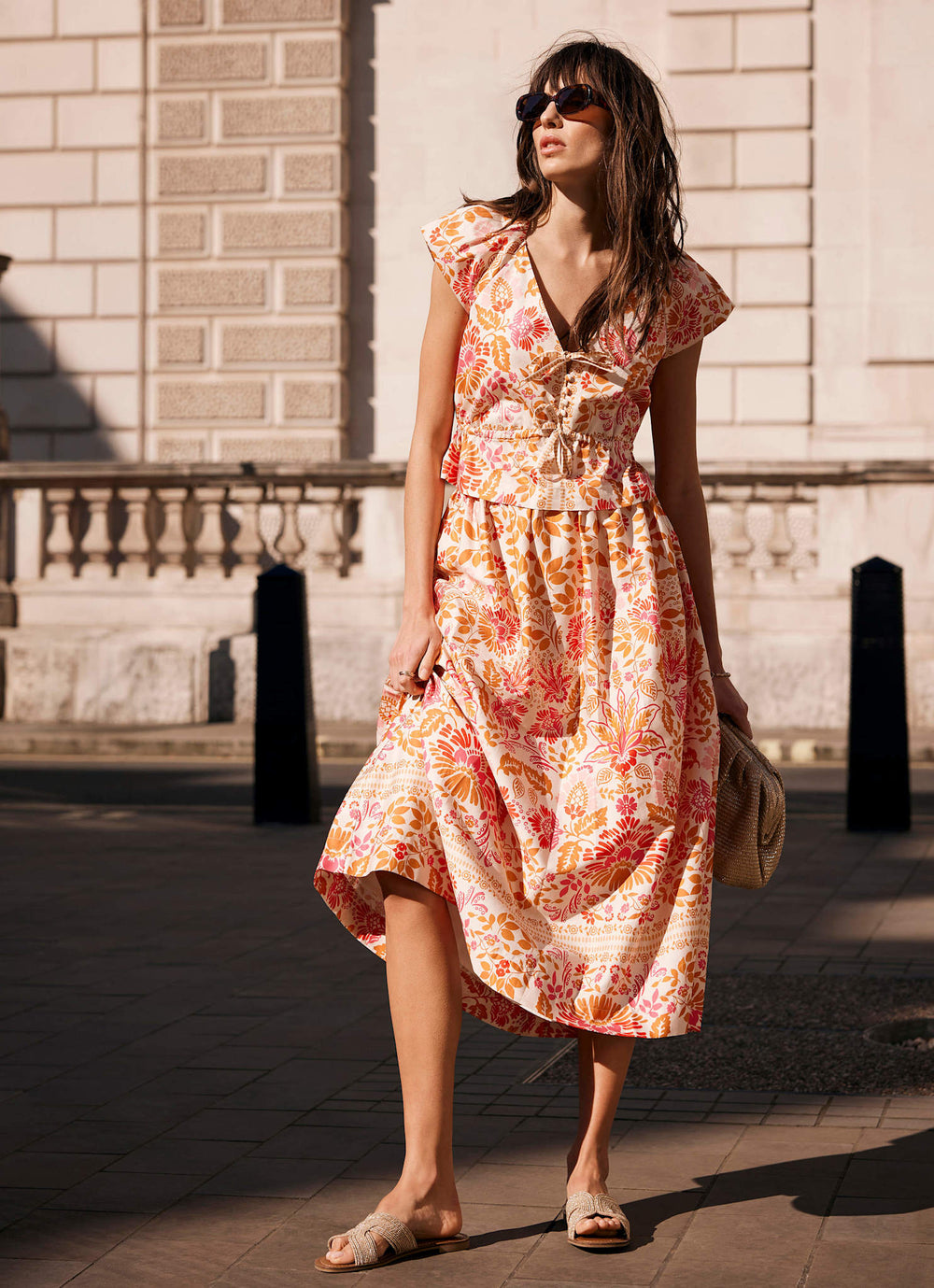 Orange Floral Print Tie Front Top