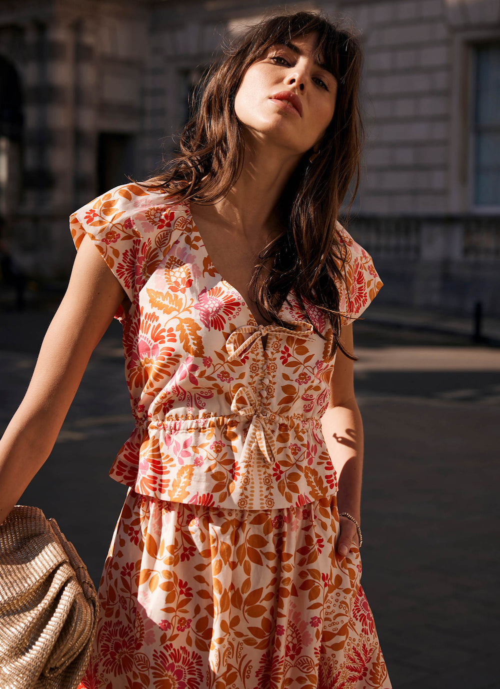 Orange Floral Print Tie Front Top