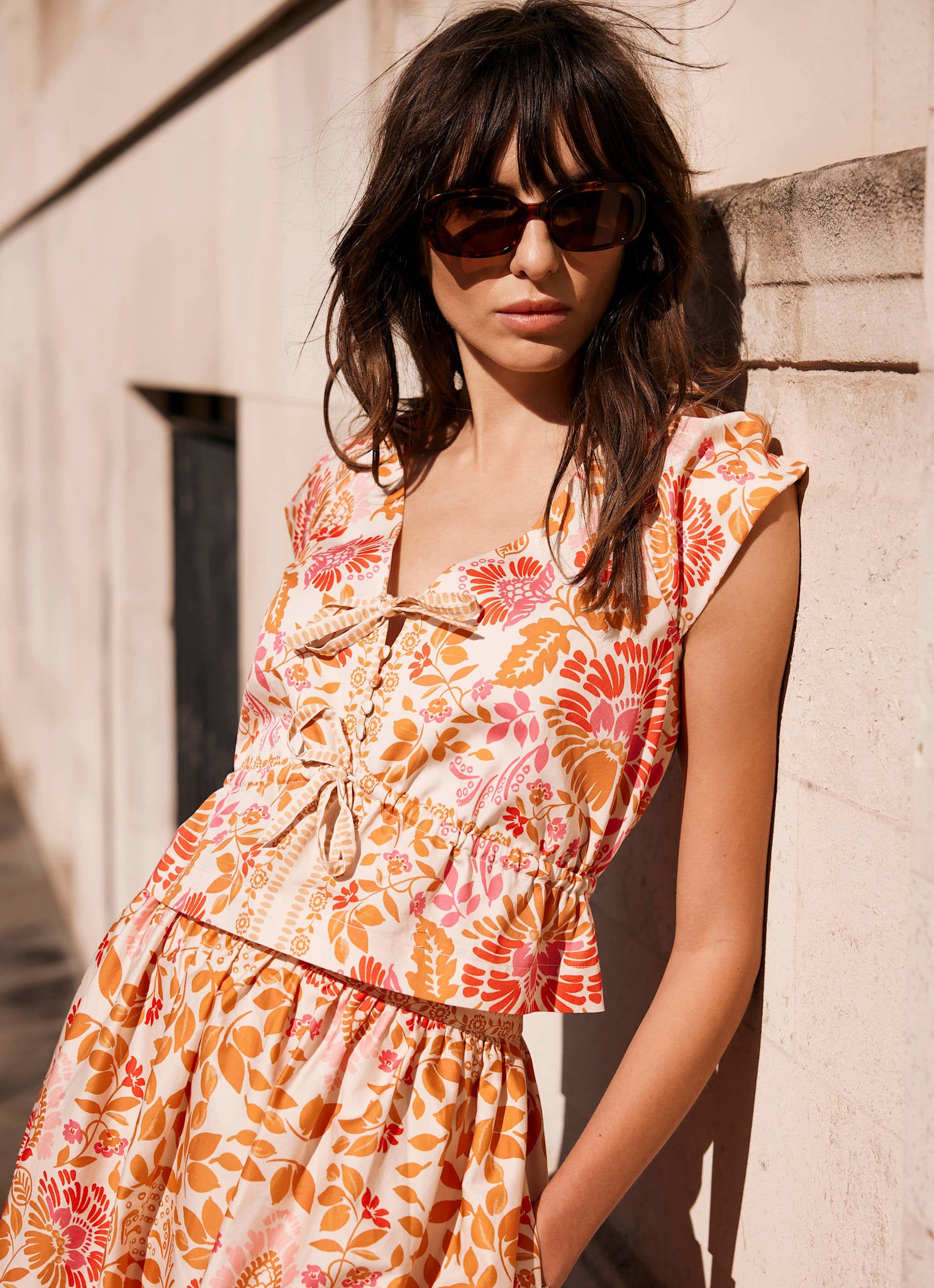 Orange Floral Print Tie Front Top – Mint Velvet