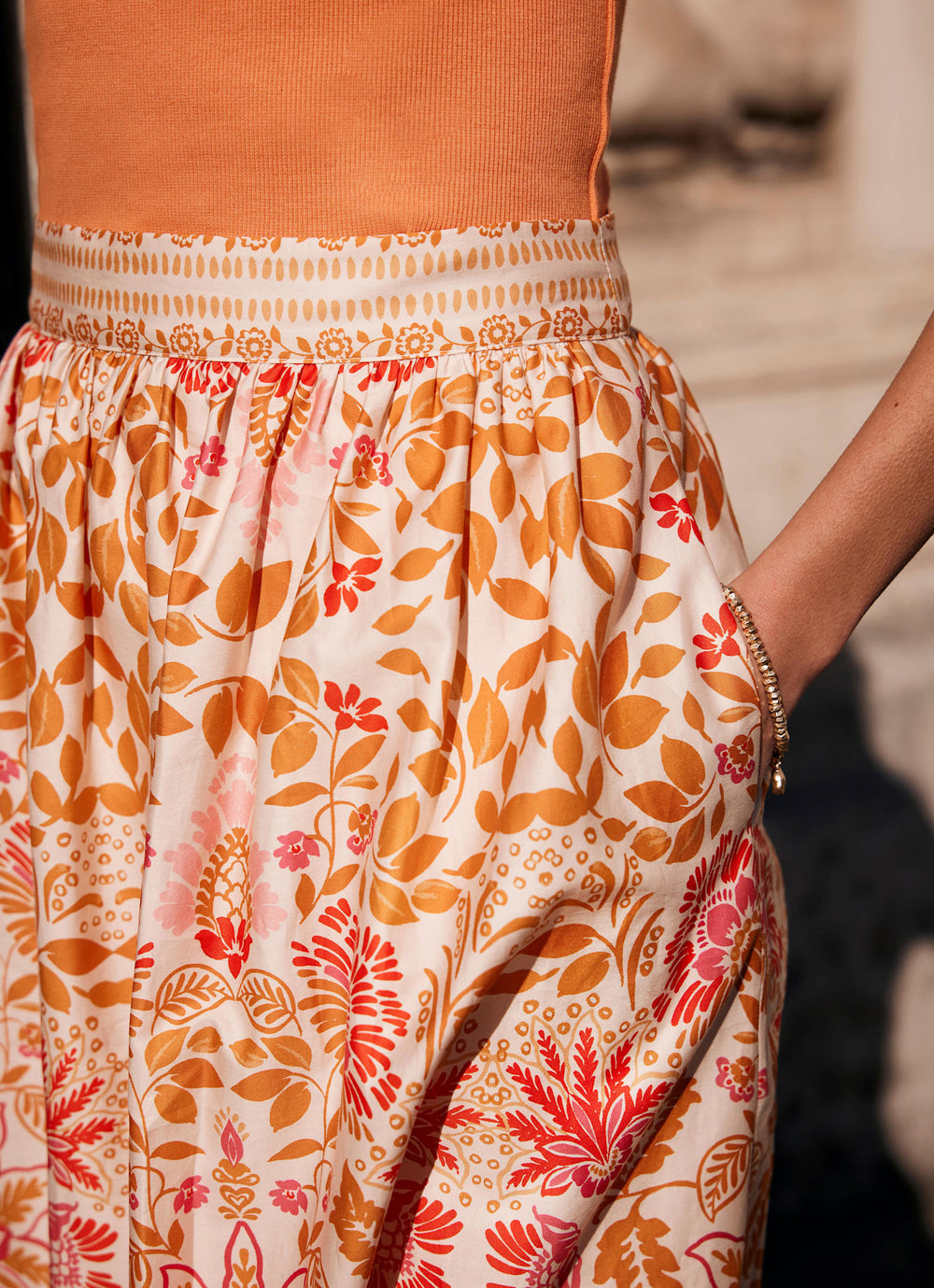 Orange Floral Print Midi Skirt