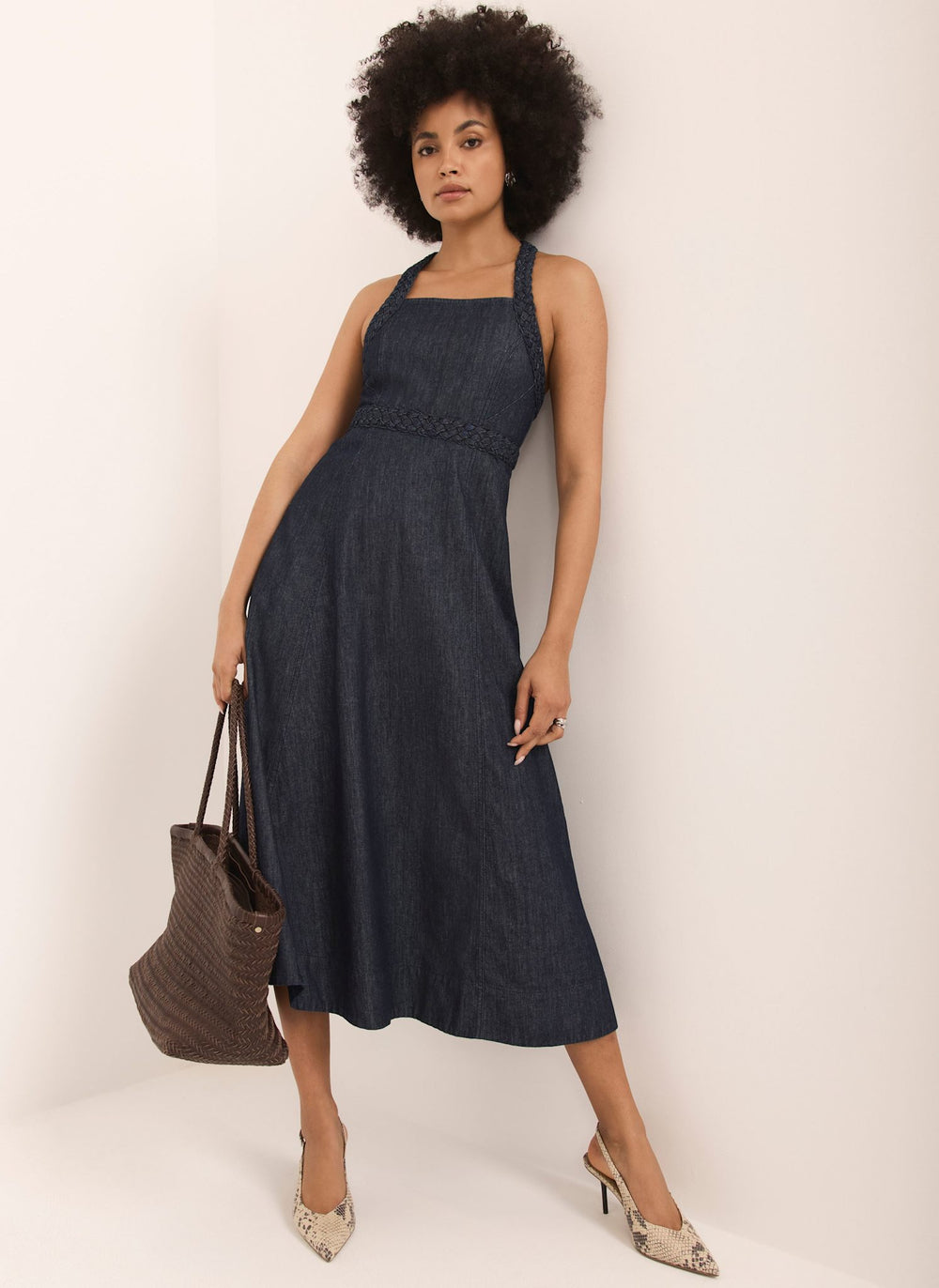 denim halter dress Dark Wash Halter Neck Pleated Denim Mini Dress main image 0