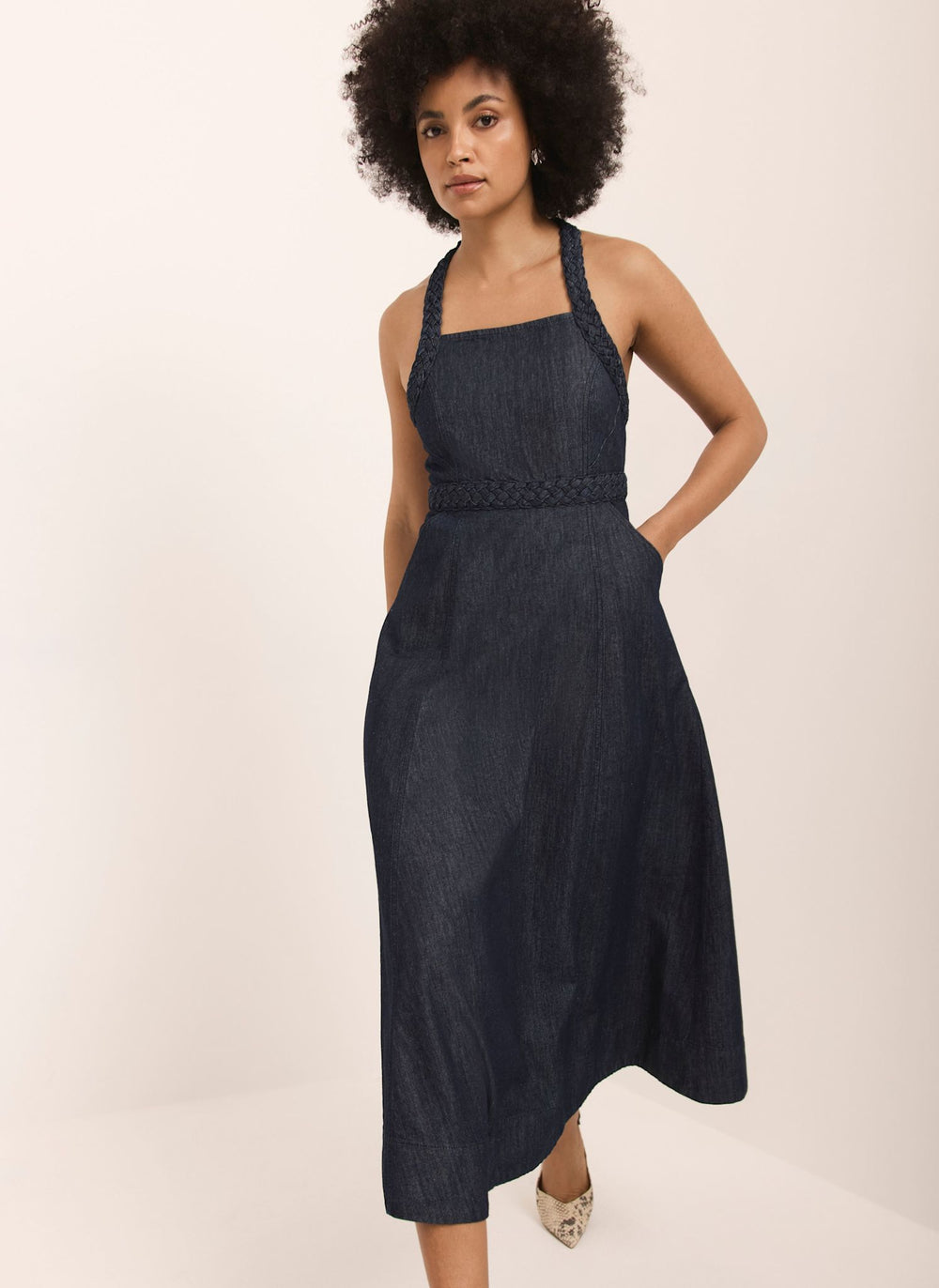 Mint Velvet Dark Blue Denim Halter Midi Dress | Size 02 | Blue | Sleeveless