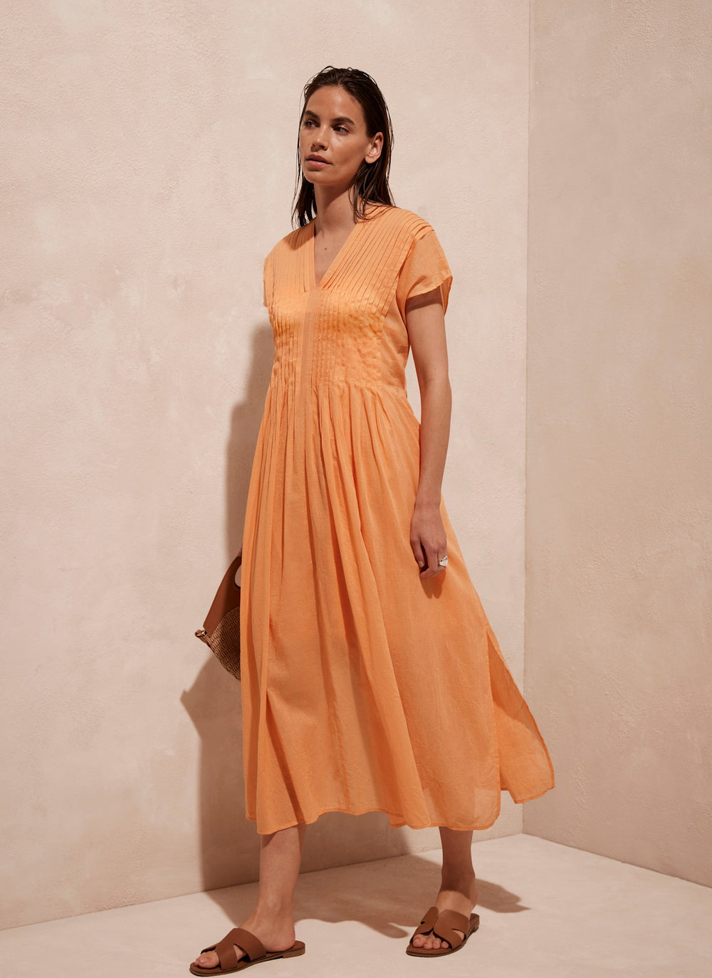 Orange Pleated Cotton Maxi Dress