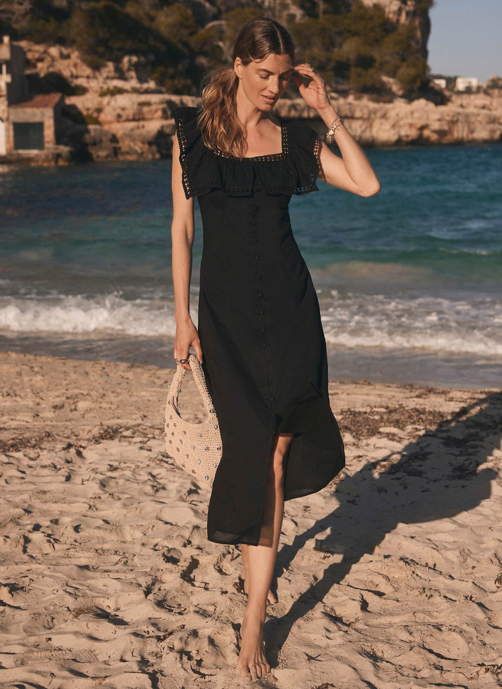 Black Poet Collar Midi Dress