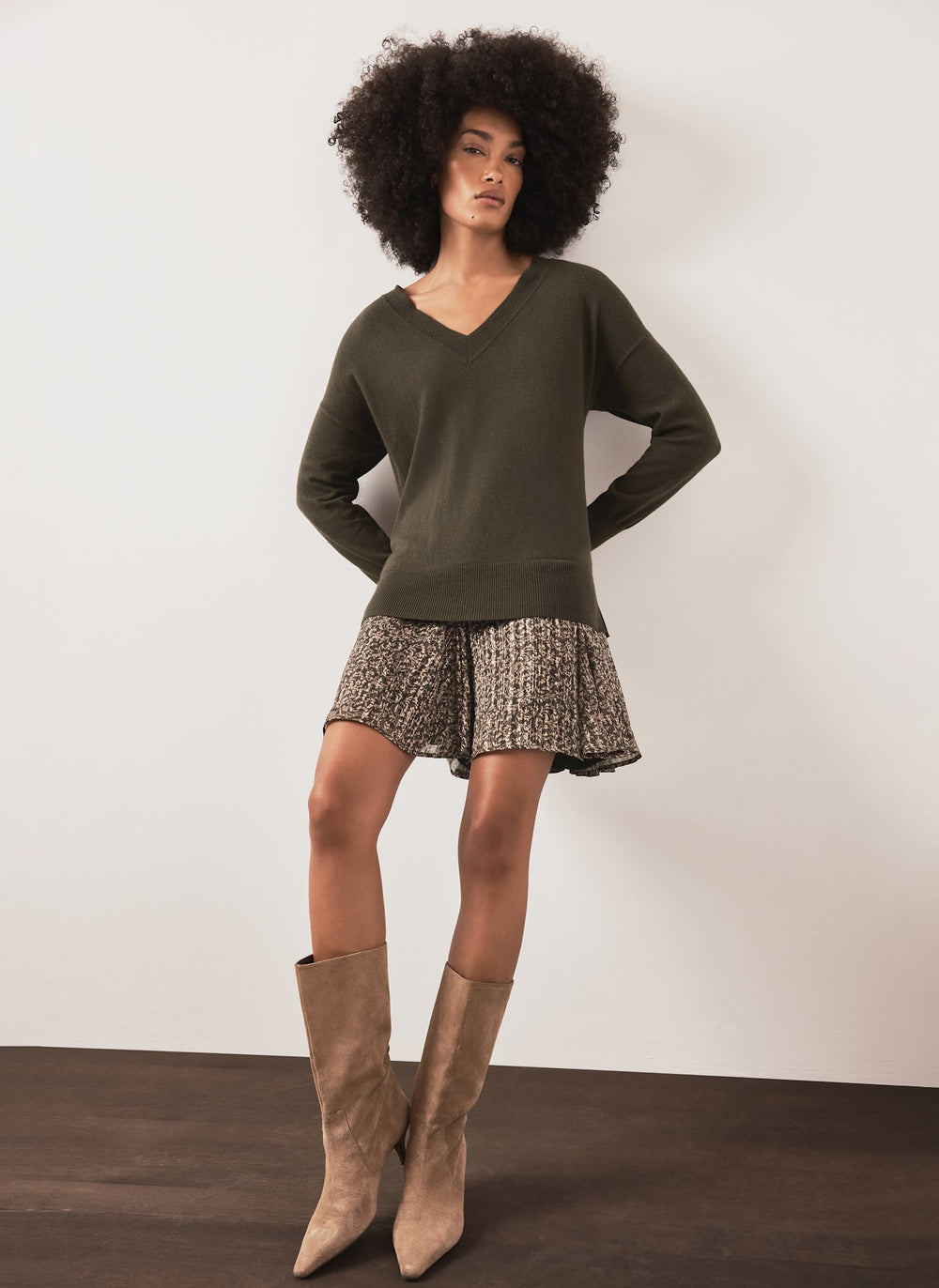 Green Wool Blend Printed Trim Mini Dress