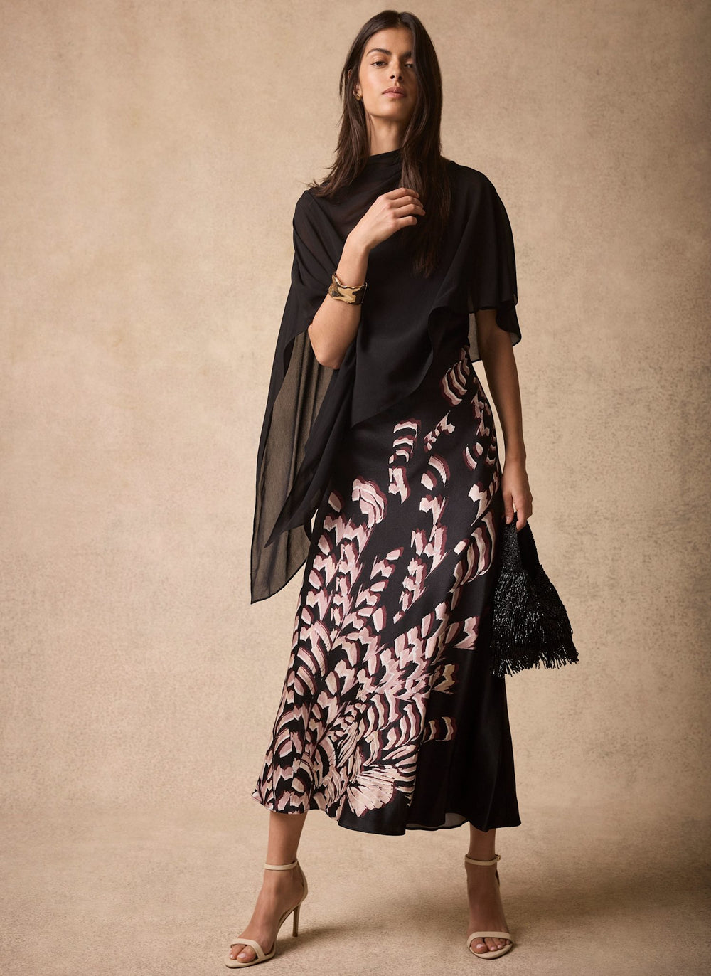 Black Satin Printed Cape Detail Maxi Dress