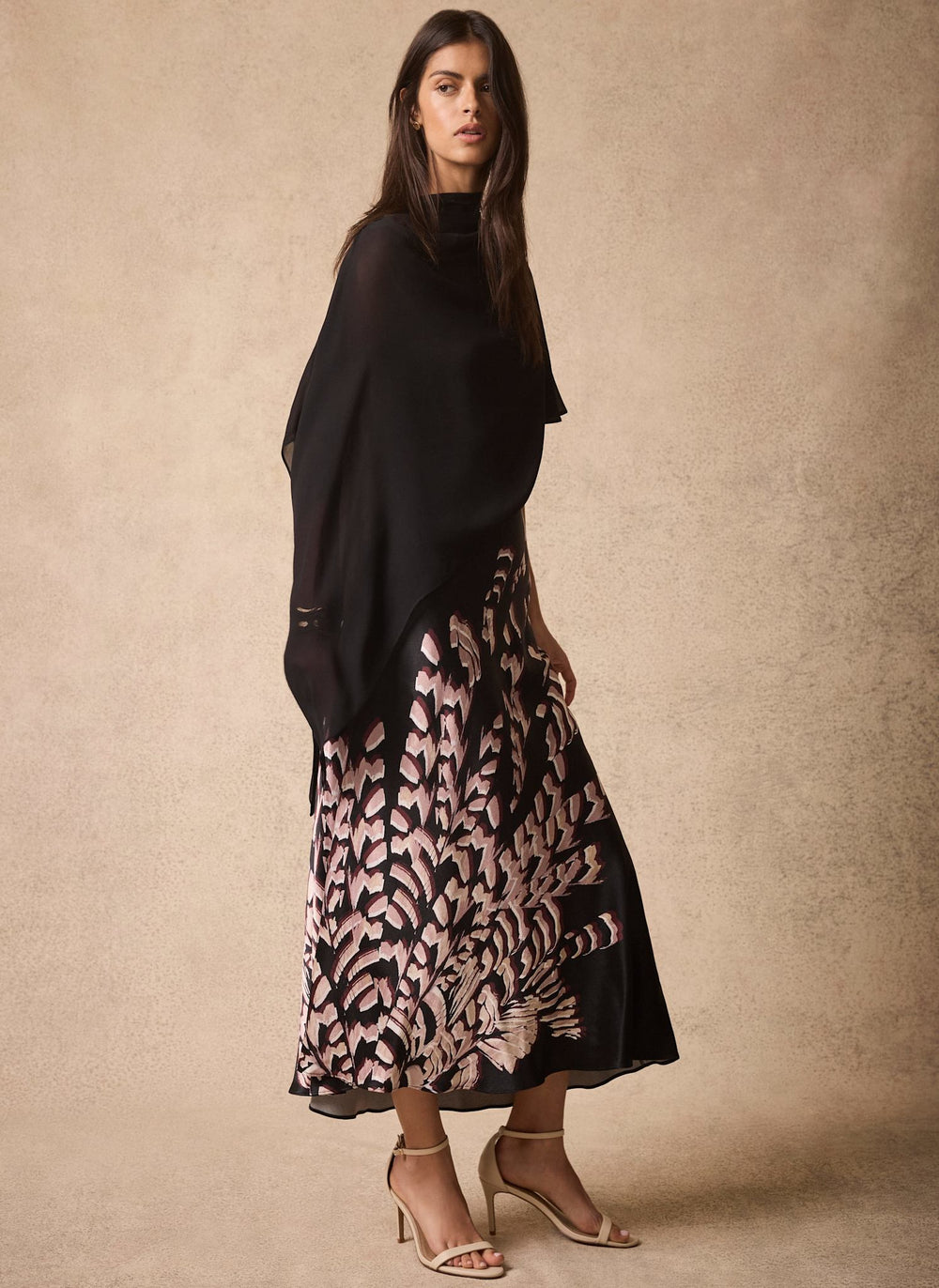 Black Satin Printed Cape Detail Maxi Dress