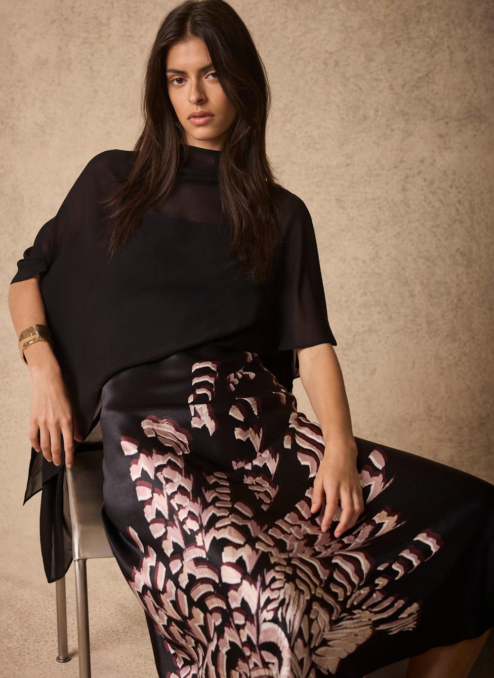 Black Satin Printed Cape Detail Maxi Dress