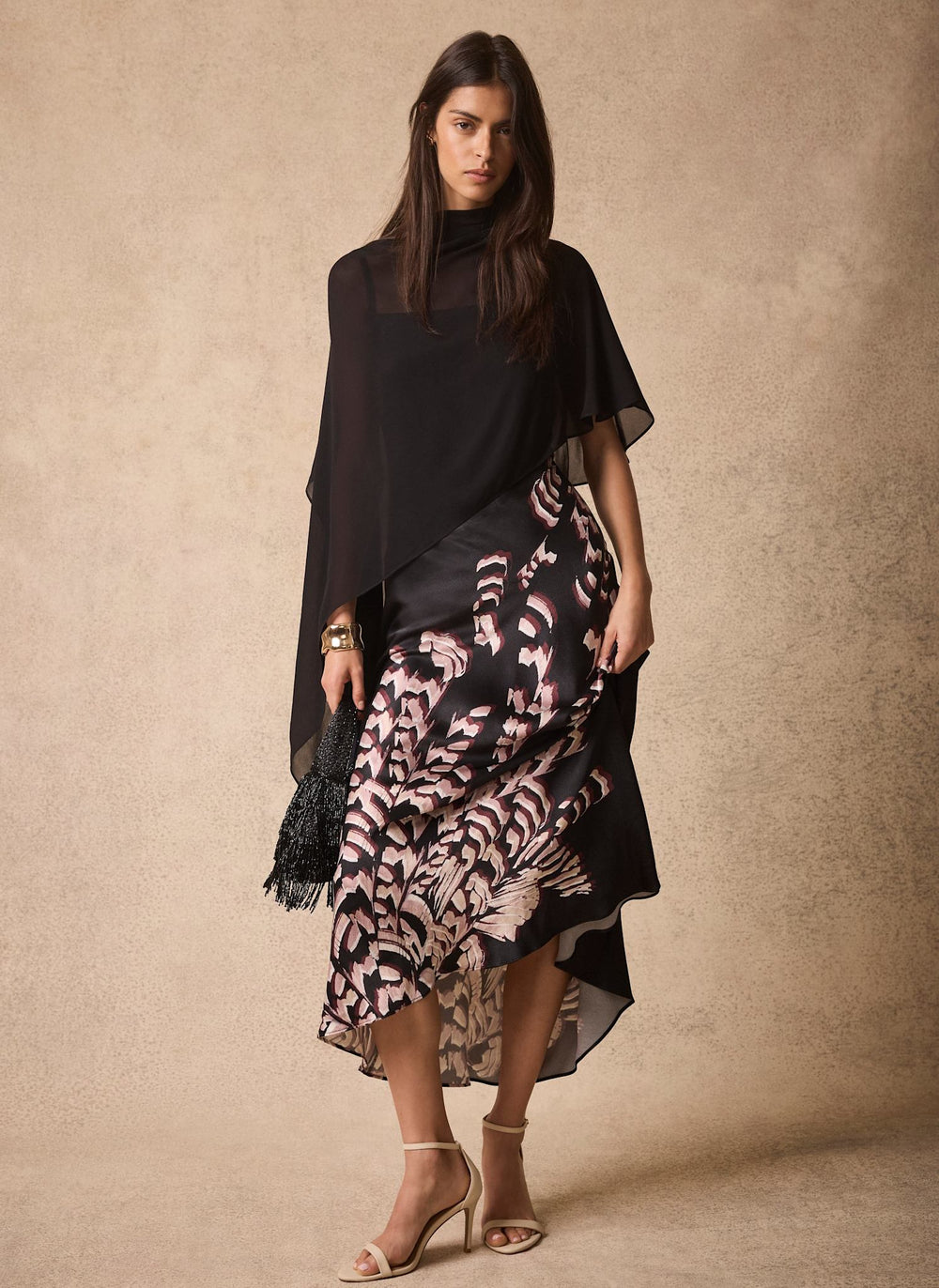 Black Satin Printed Cape Detail Maxi Dress