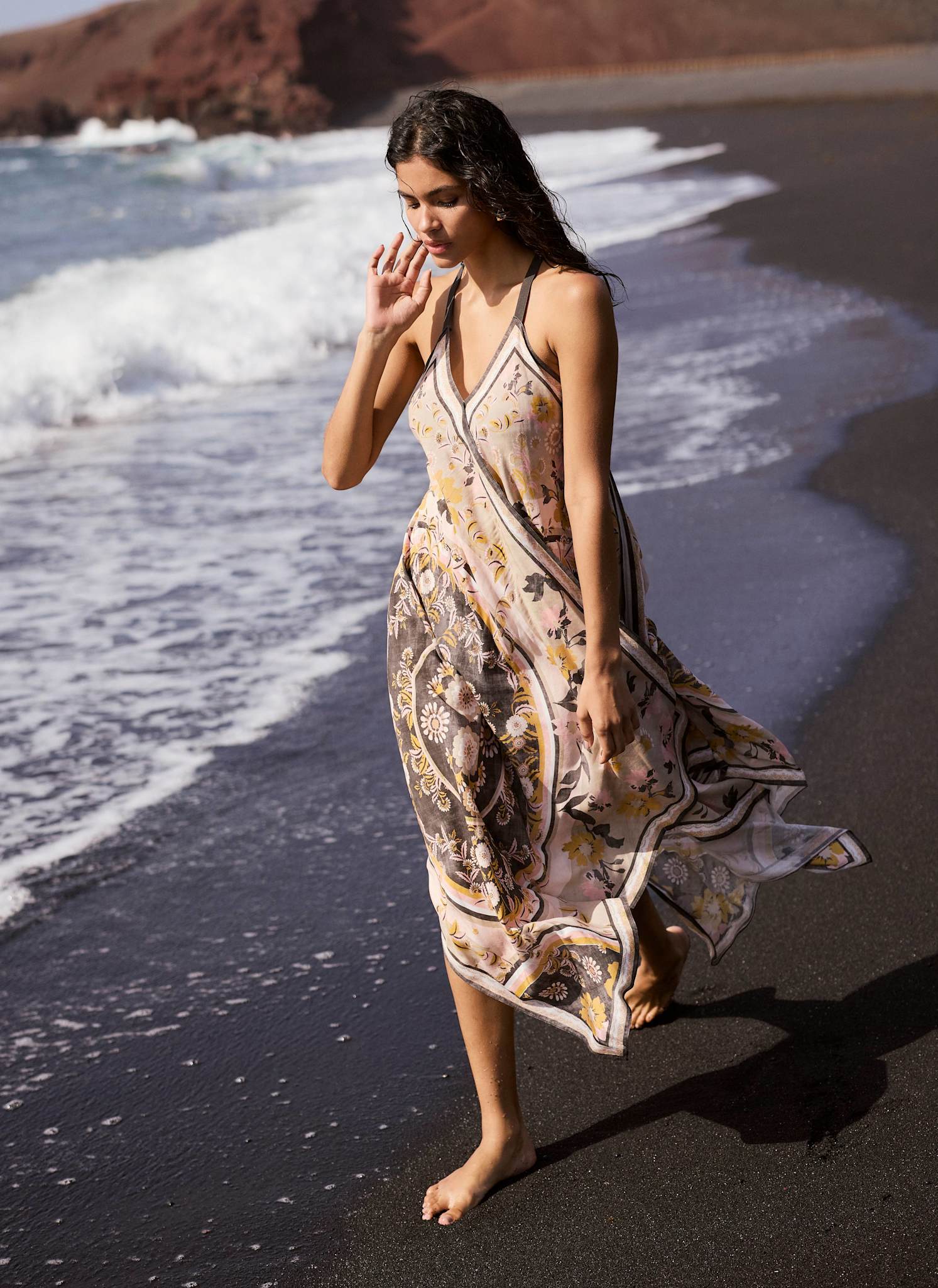 Neutral Floral Print Scarf Detail Midi Dress – Mint Velvet