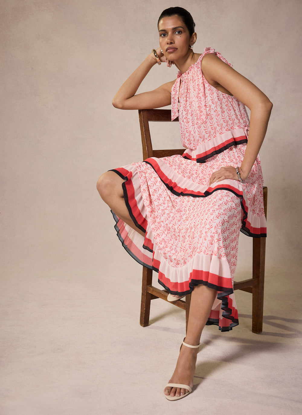 Pink Printed Tiered Midaxi Dress