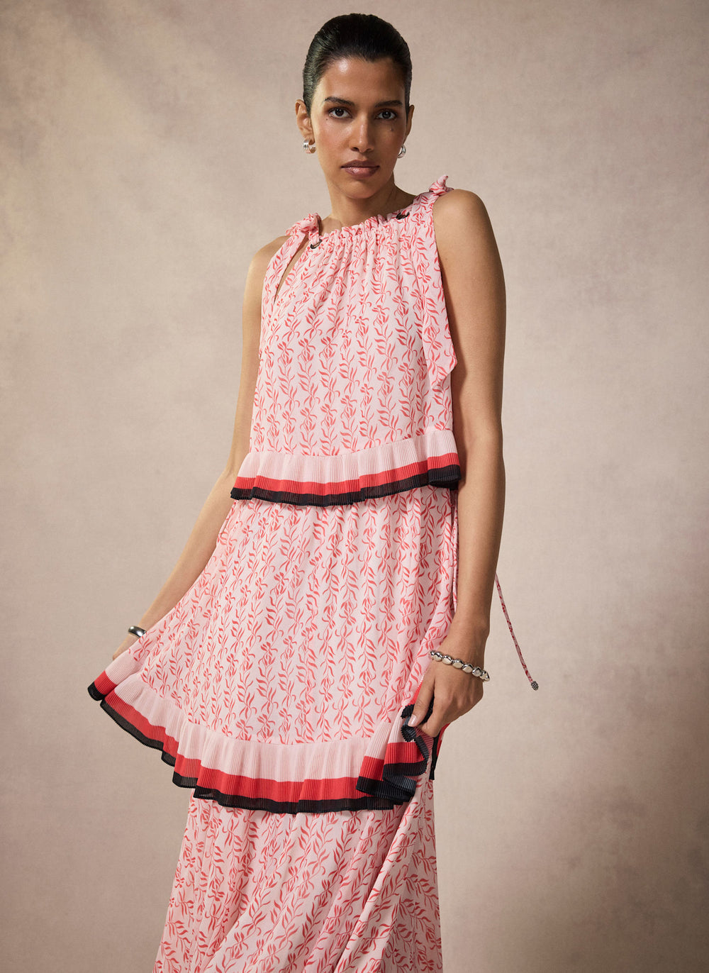 Pink Printed Tiered Midaxi Dress