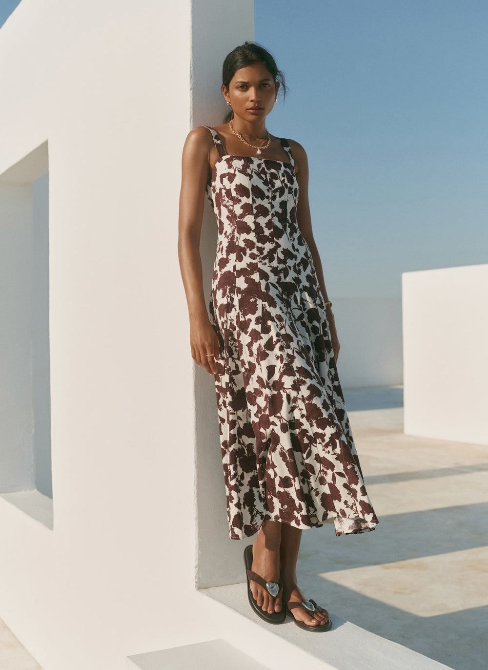 Brown Linen Blend Printed Midi Dress – Mint Velvet
