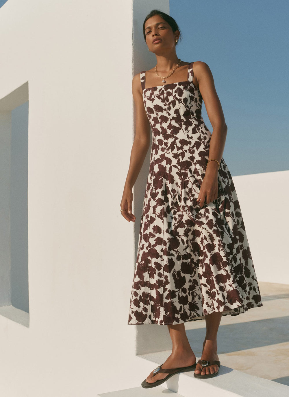 Mint Velvet Women's Linen Blend Printed Midi Dress - Brown