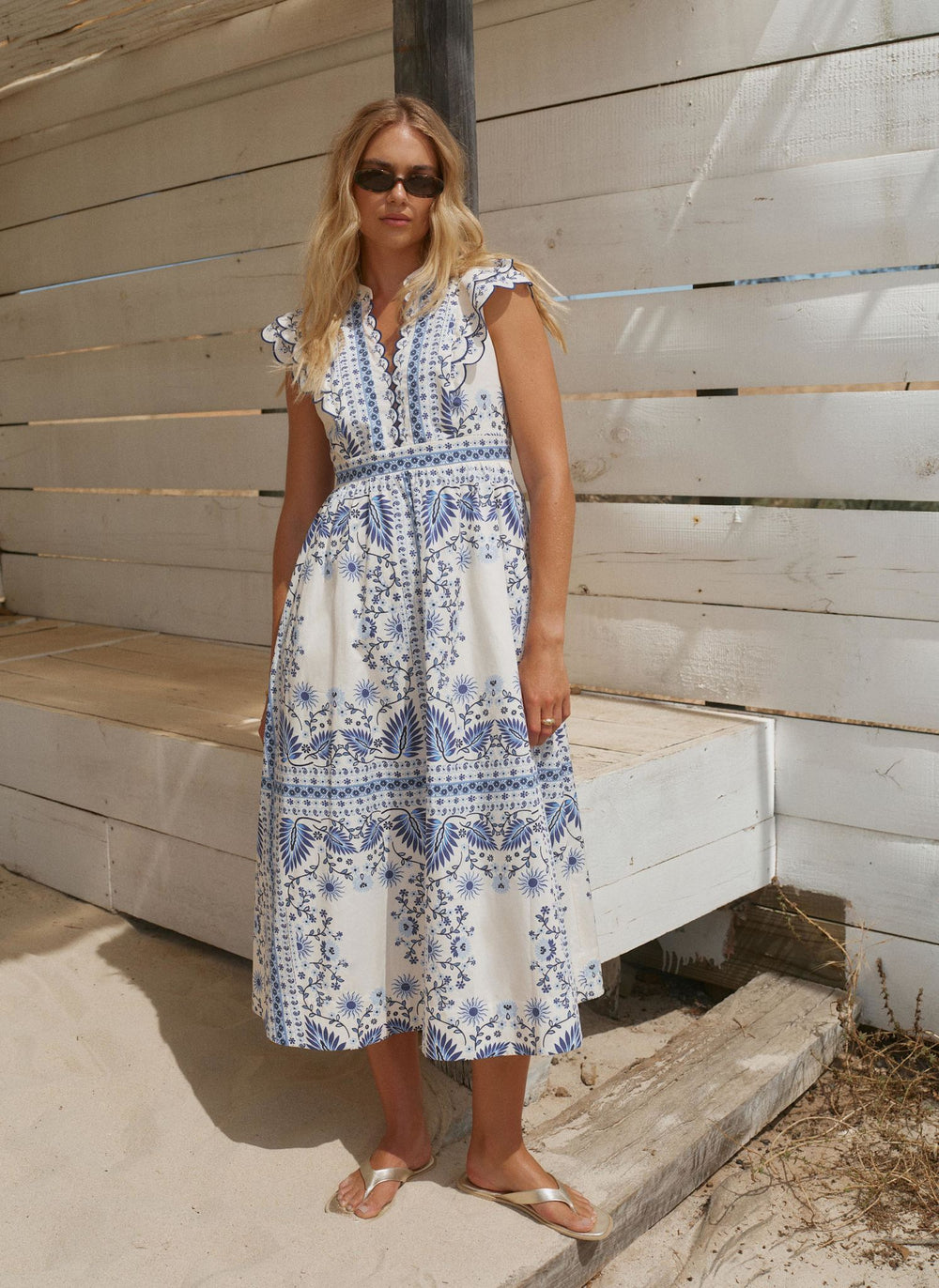 Blue Cotton Print Scallop Trim Midi Dress