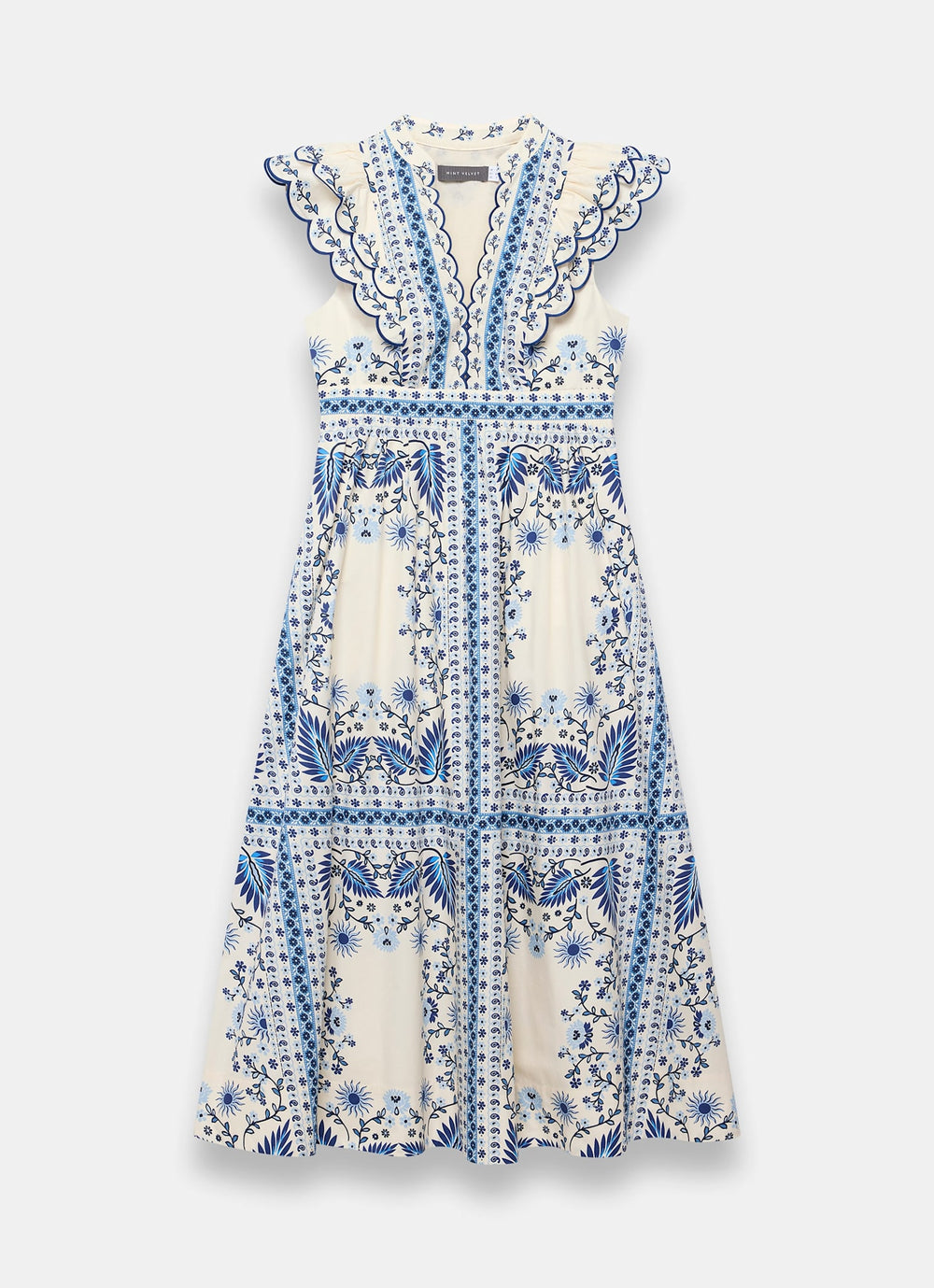 Mint Velvet Blue Cotton Print Scallop Trim Midi Dress | Size 14 | Blue | Sleeveless | V Neck