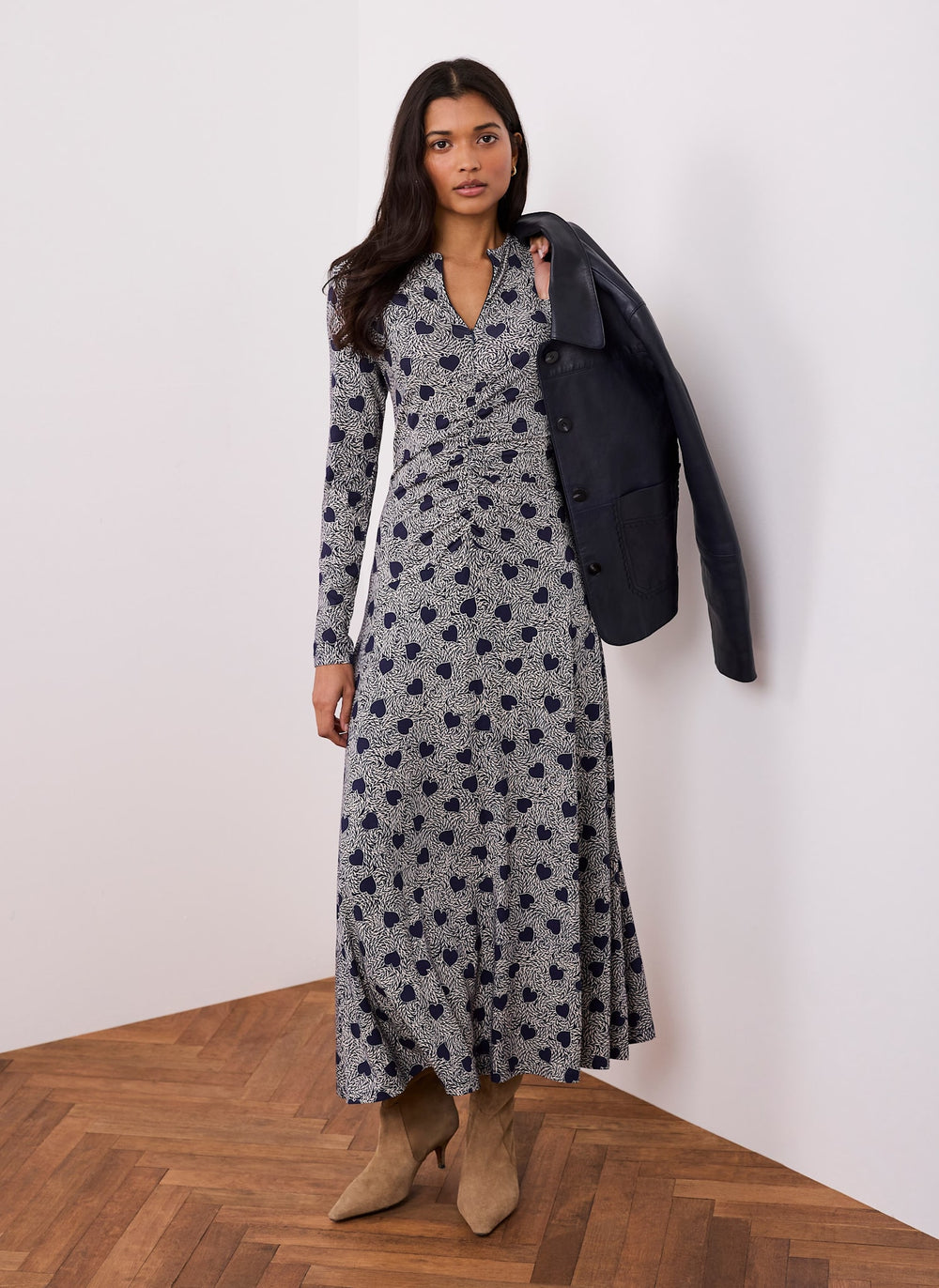 Navy Heart Print Zip Front Midi Dress