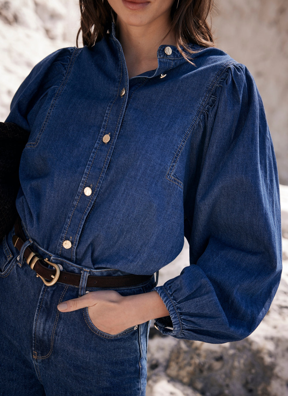 Indigo Wash Puff Sleeve Denim Blouse