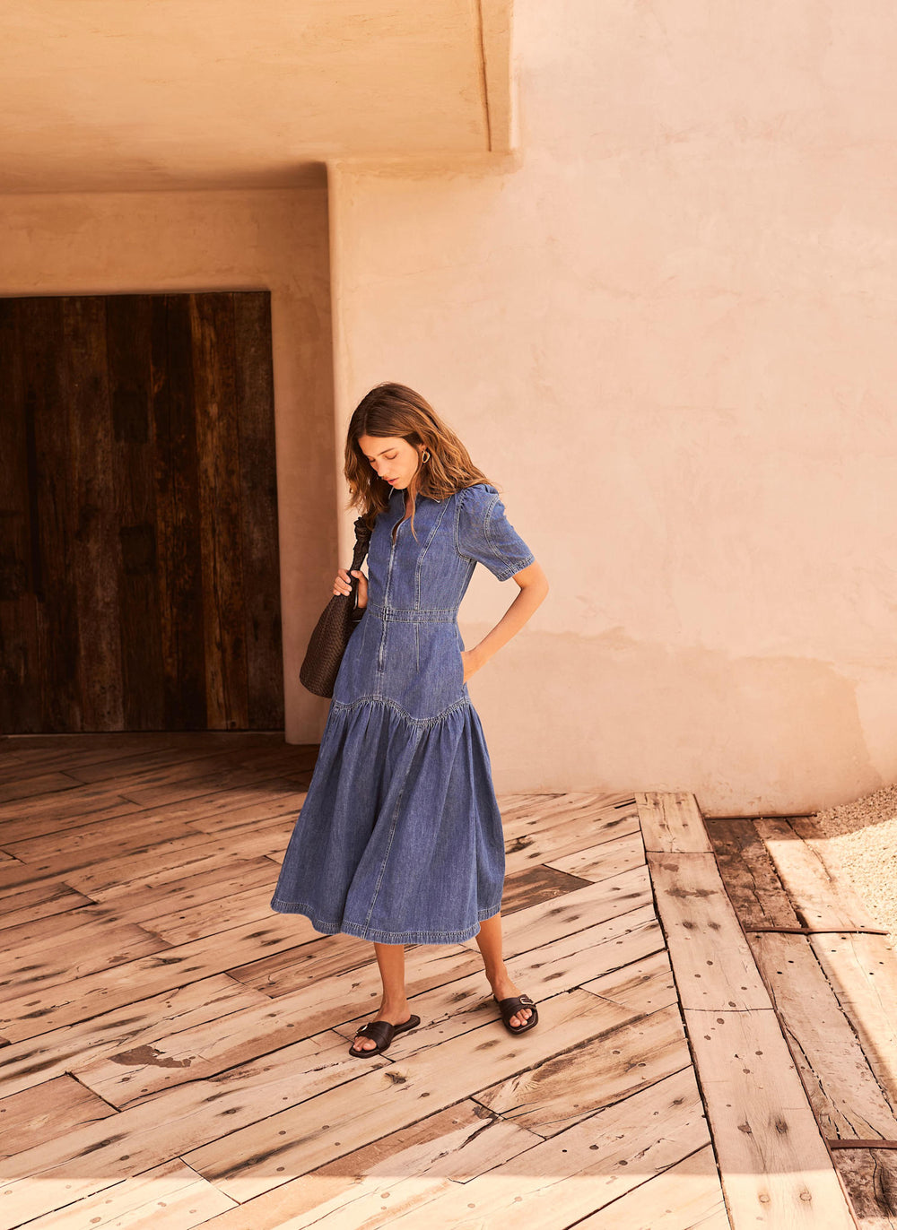 Indigo Puff Sleeve Denim Midi Dress