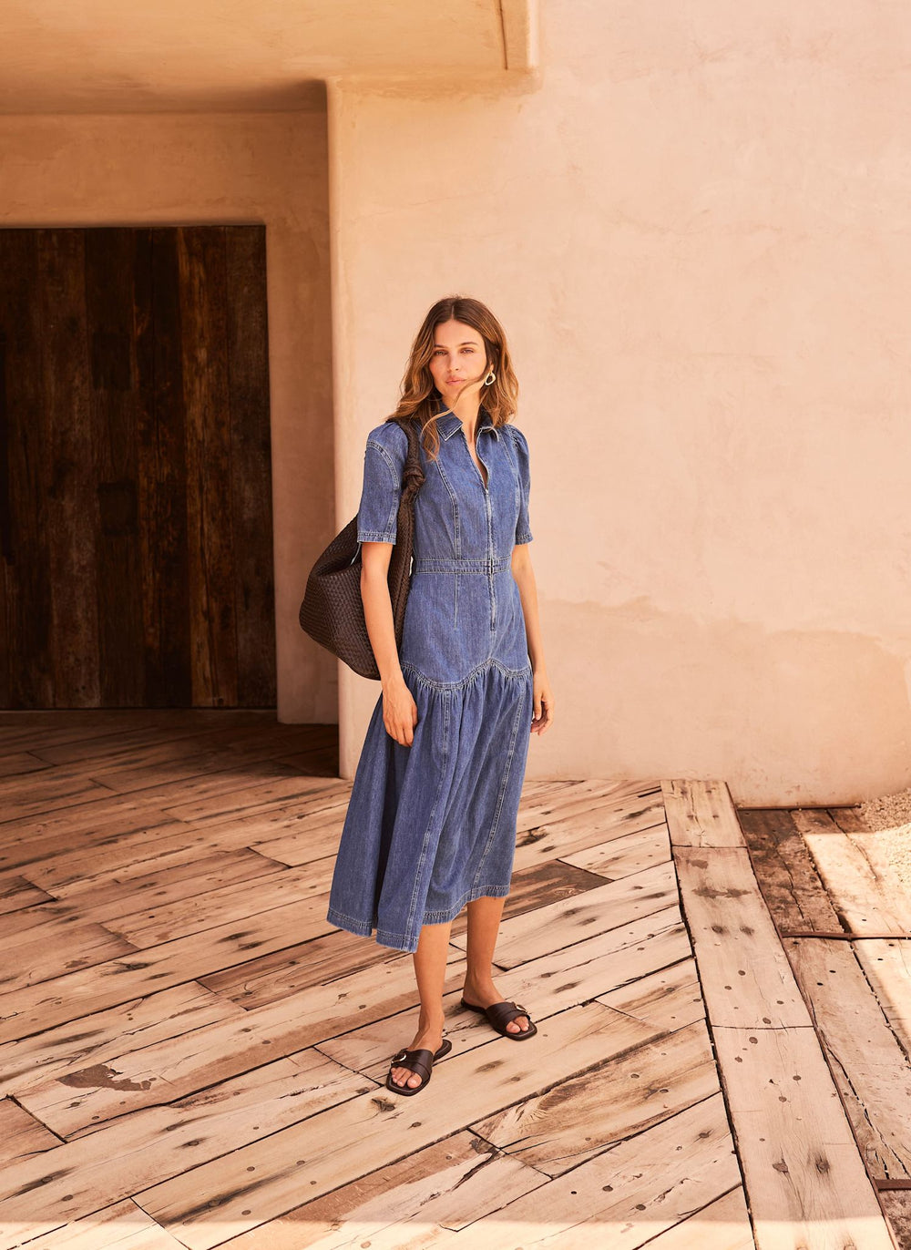 puff sleeve denim midi dress Morgane Puff Sleeve V-Neck Midi Dress Light Denim Blue