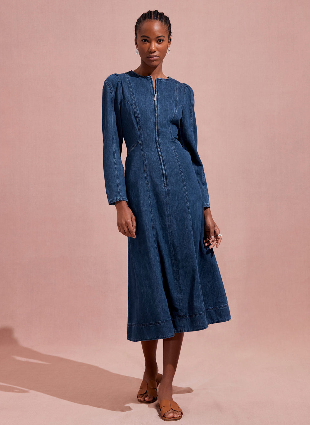 Indigo Puff Sleeve Denim Midi Dress