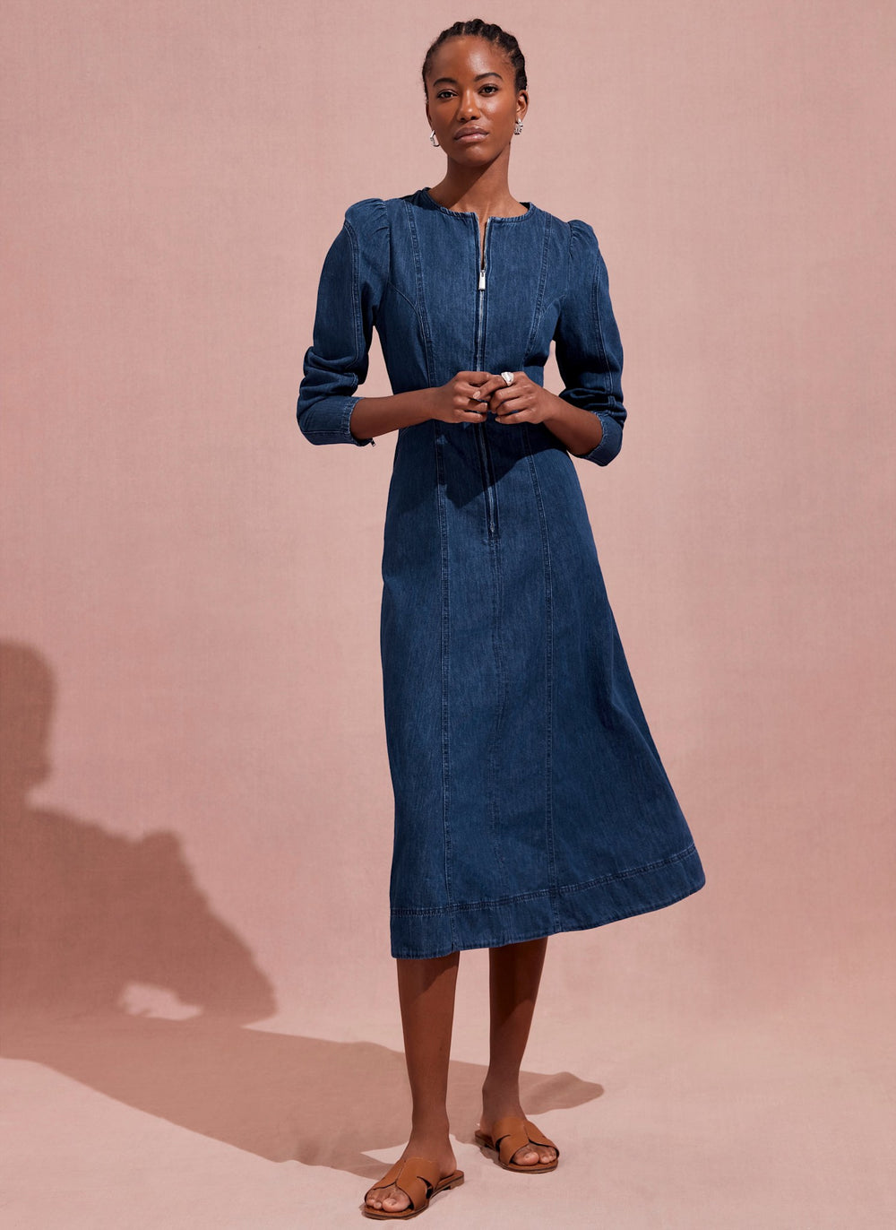 Indigo Puff Sleeve Denim Midi Dress