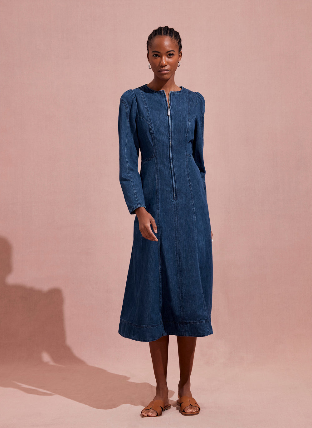 knee length dresses for ladies Indigo Puff Sleeve Denim Midi Dress – Mint Velvet