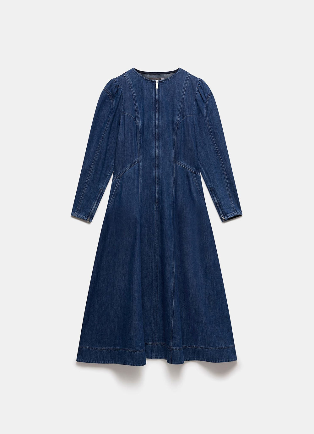 white christmas dresses Dark blue denim puff sleeve long dress – DESTREE main image 1