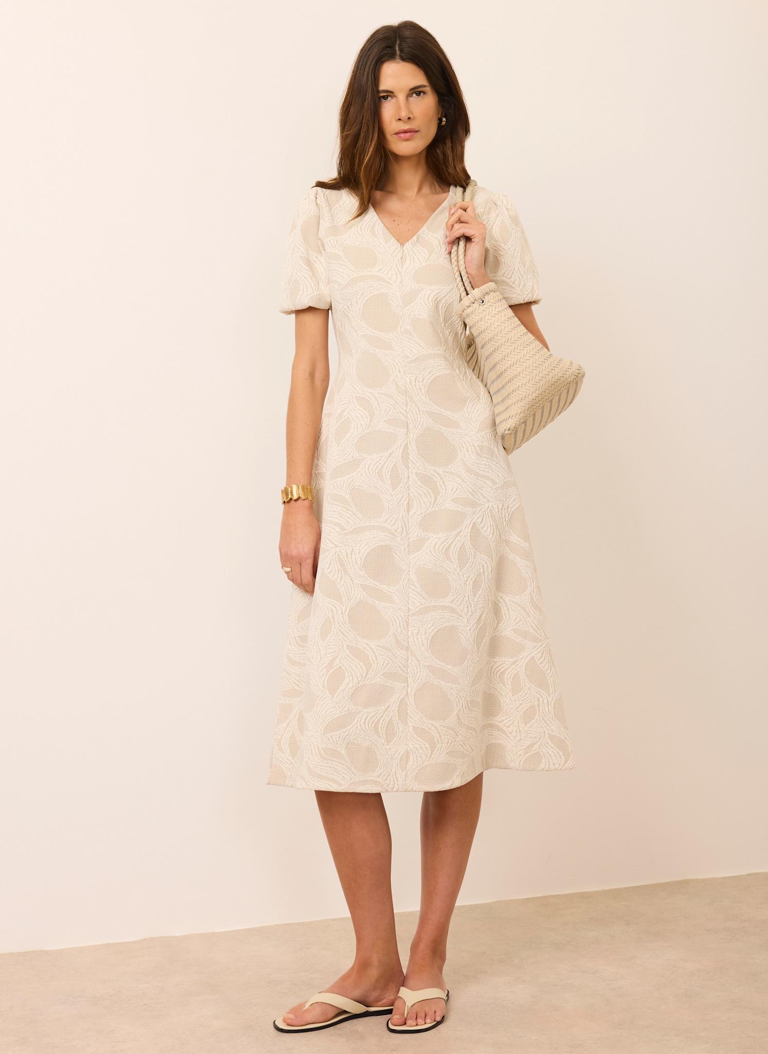 Neutral Jacquard Puff Sleeve Midi Dress – Mint Velvet