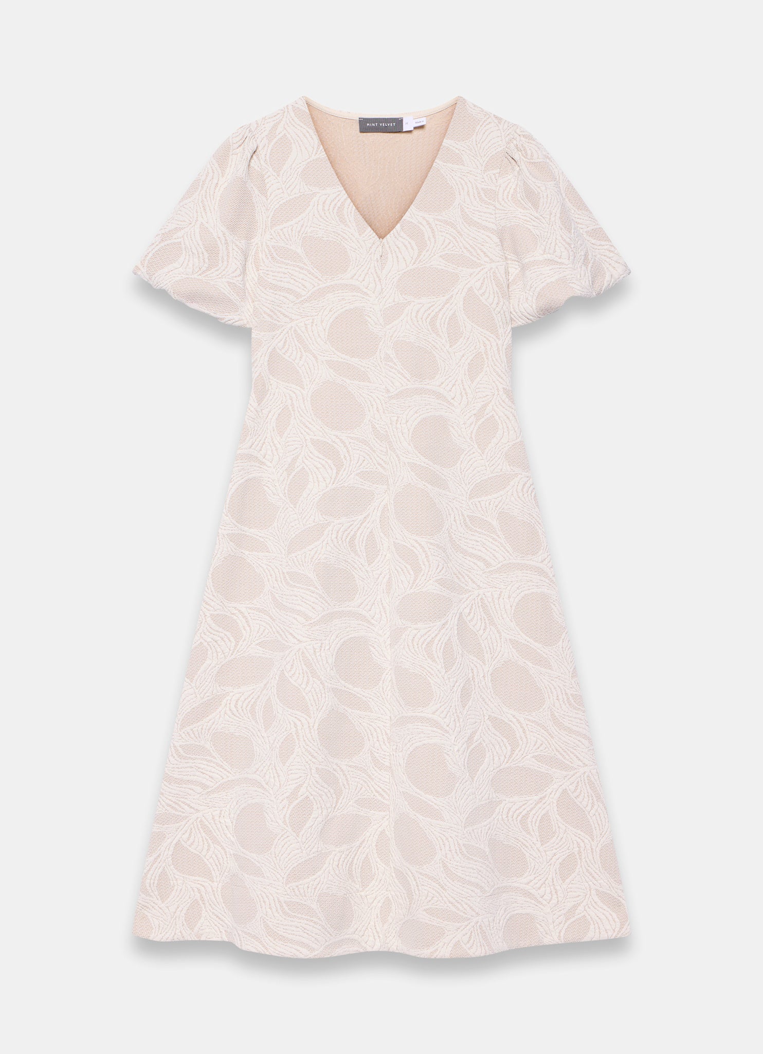 Neutral Jacquard Puff Sleeve Midi Dress – Mint Velvet