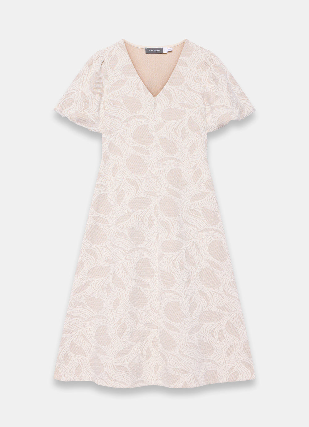 Neutral Jacquard Puff Sleeve Midi Dress – Mint Velvet
