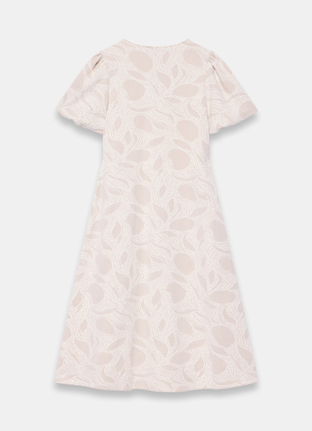 midi jacquard dress with sleeves Mint Velvet Neutral Jacquard Puff Sleeve Midi Dress | Size XS | Cream | Short Sleeve