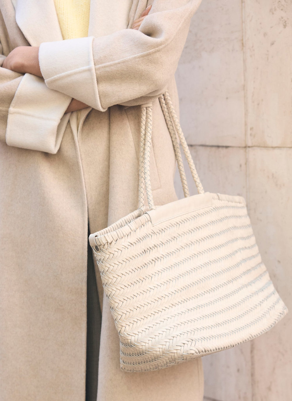 Rae Cream Leather Woven Tote Bag