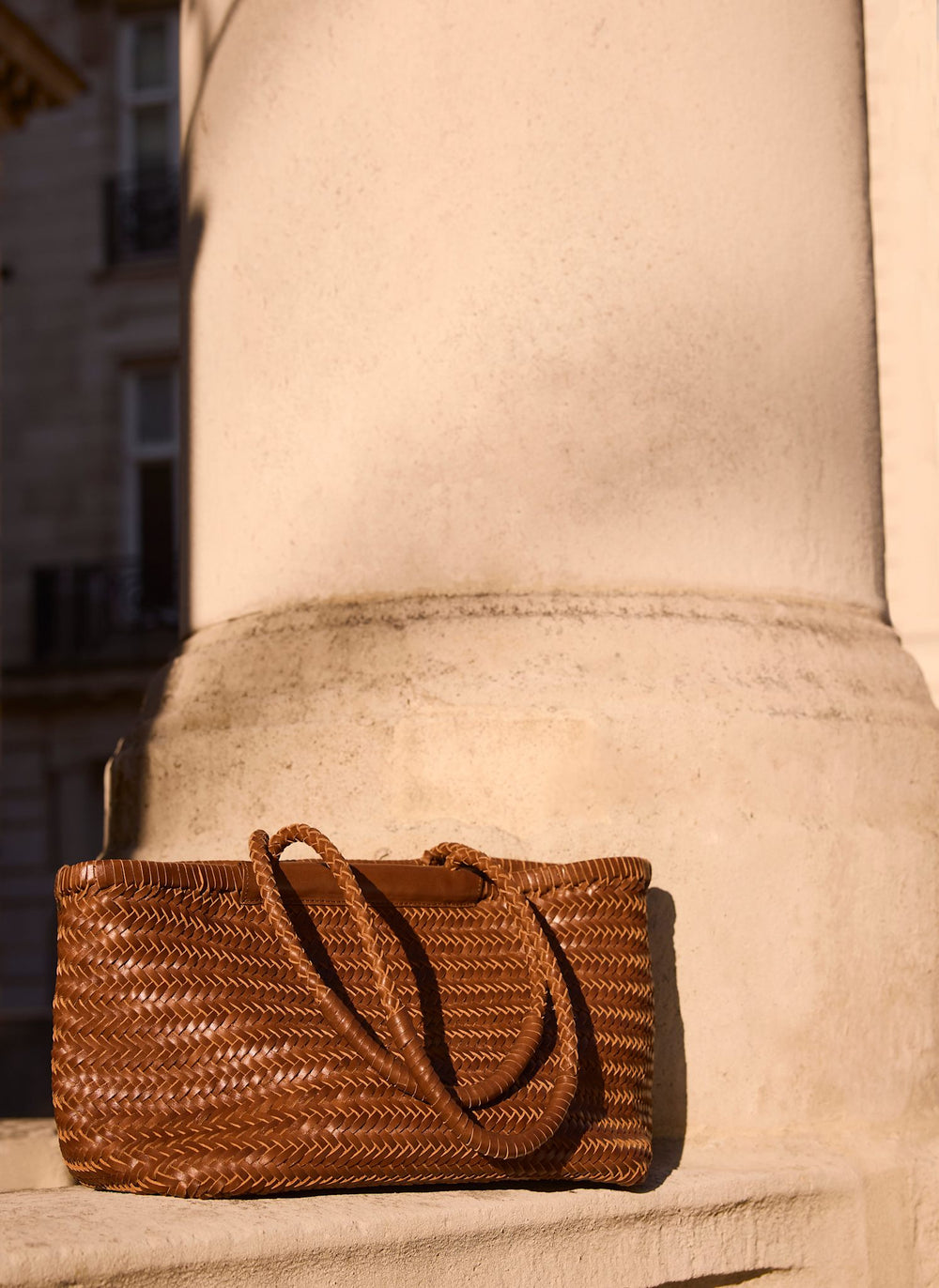 Rae Tan Leather Woven Tote Bag
