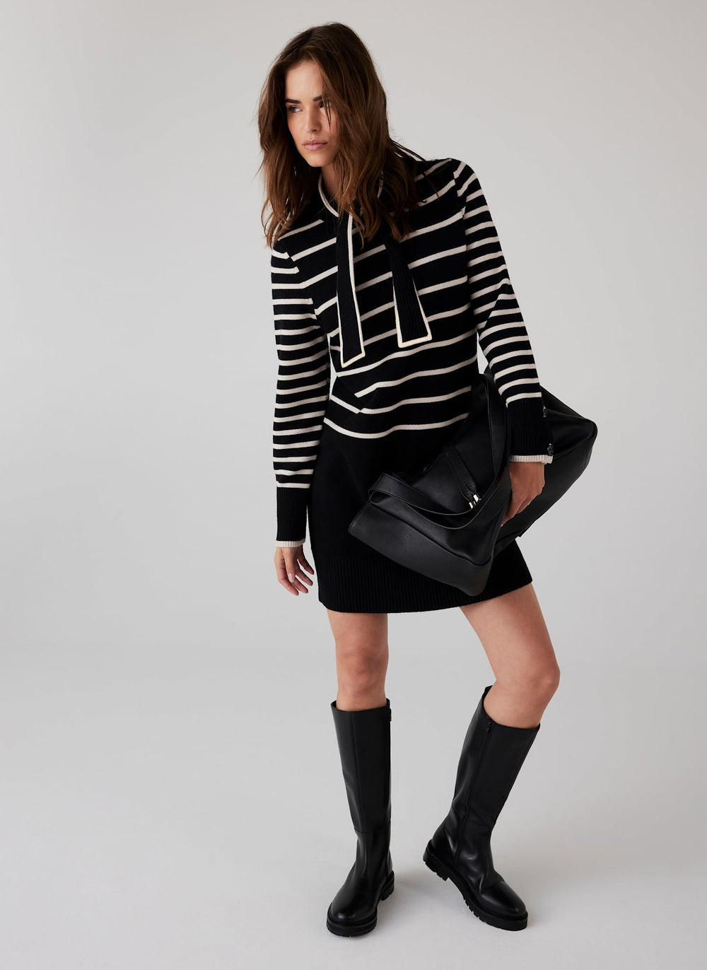 Black Striped Scarf Detail Knit Mini Dress  Mint Velvet