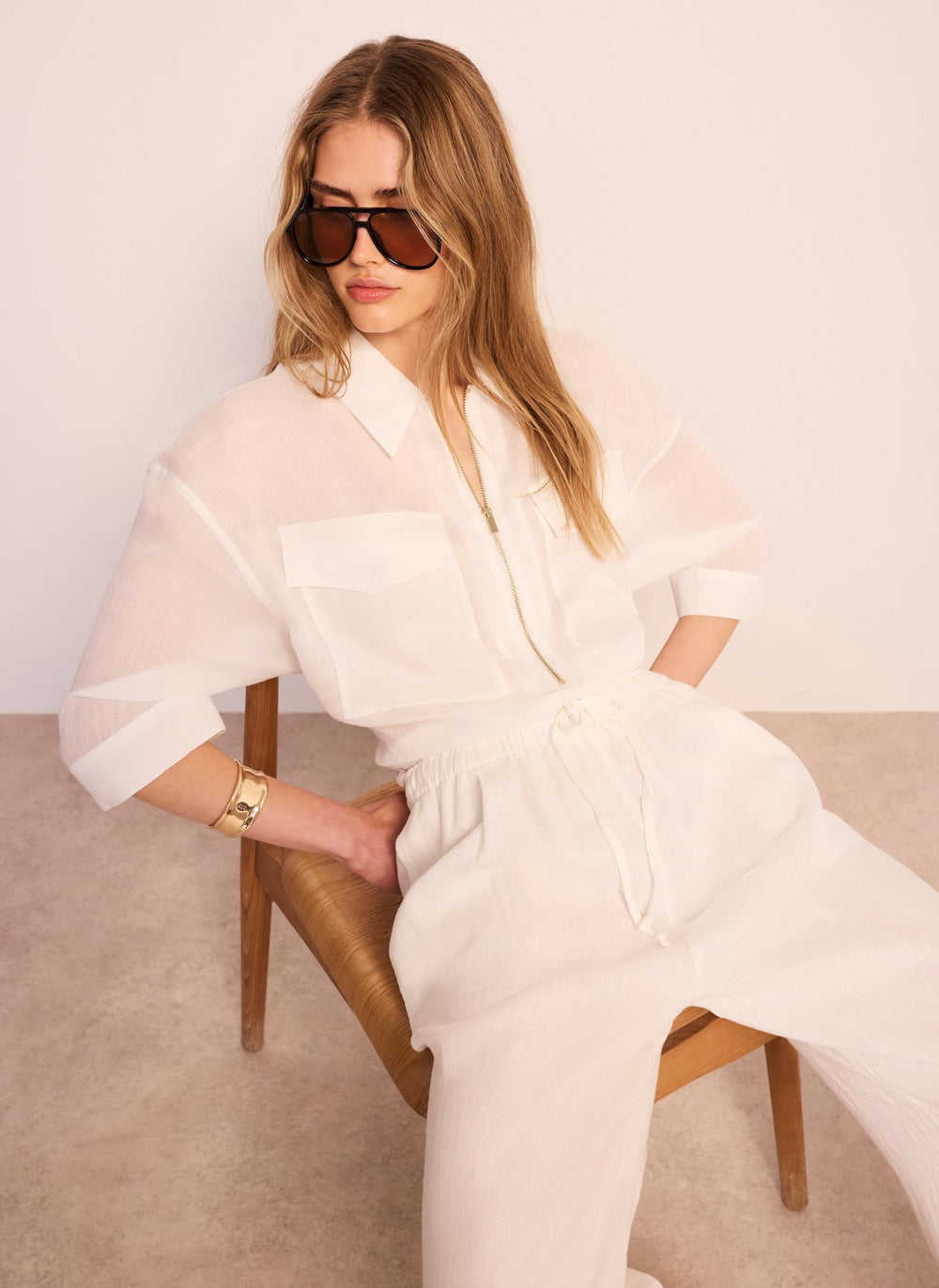 White Ramie Zip Bomber Blouse