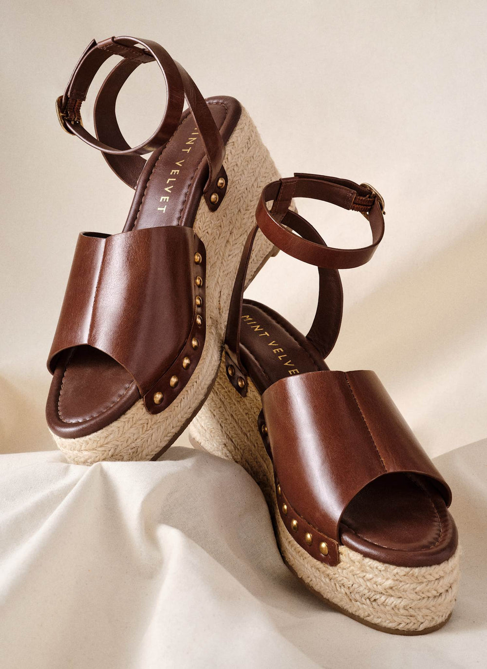 Raya Brown Leather Espadrille Wedges