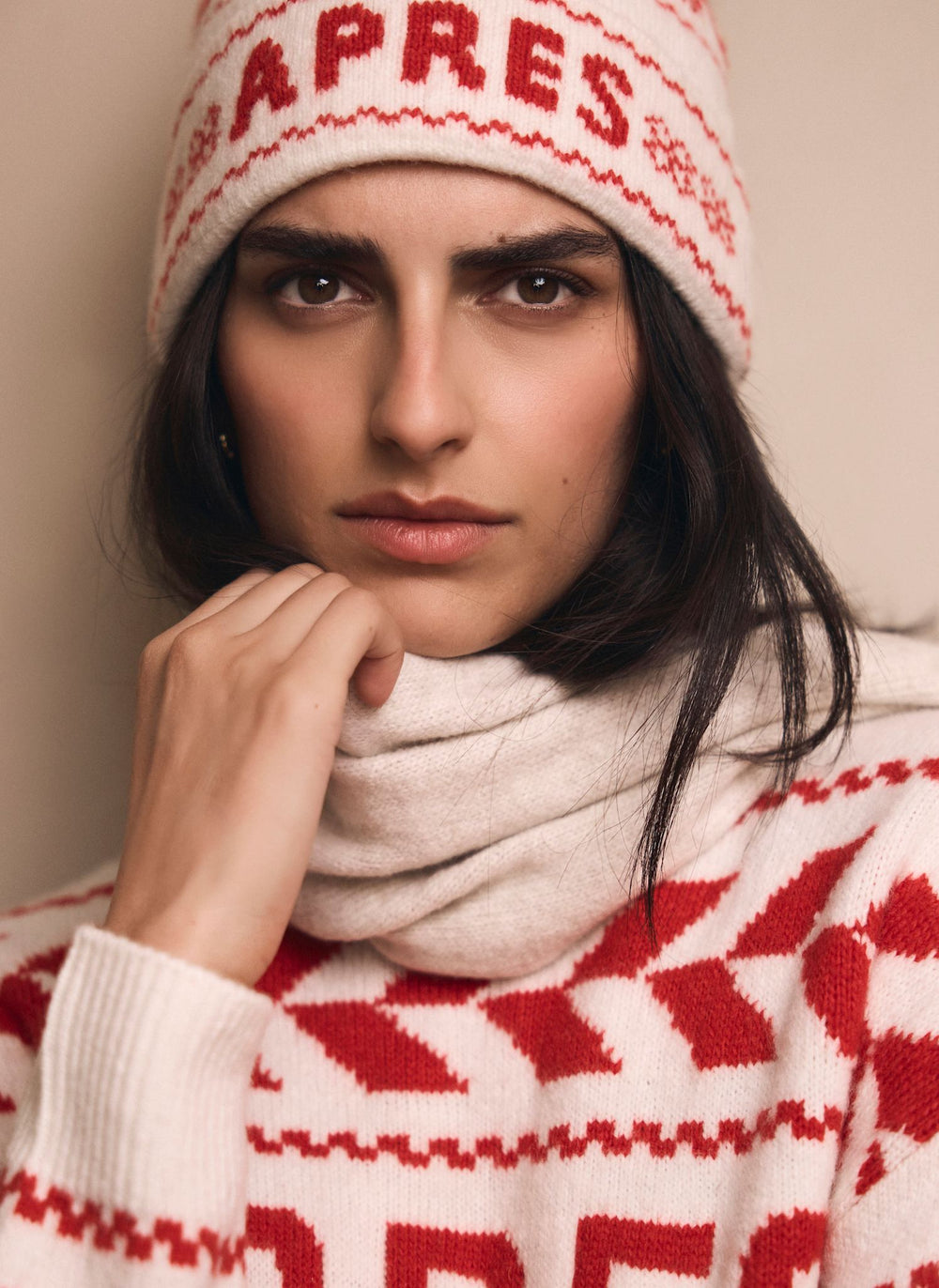 Red Graphic Apres Knit Bobble Hat