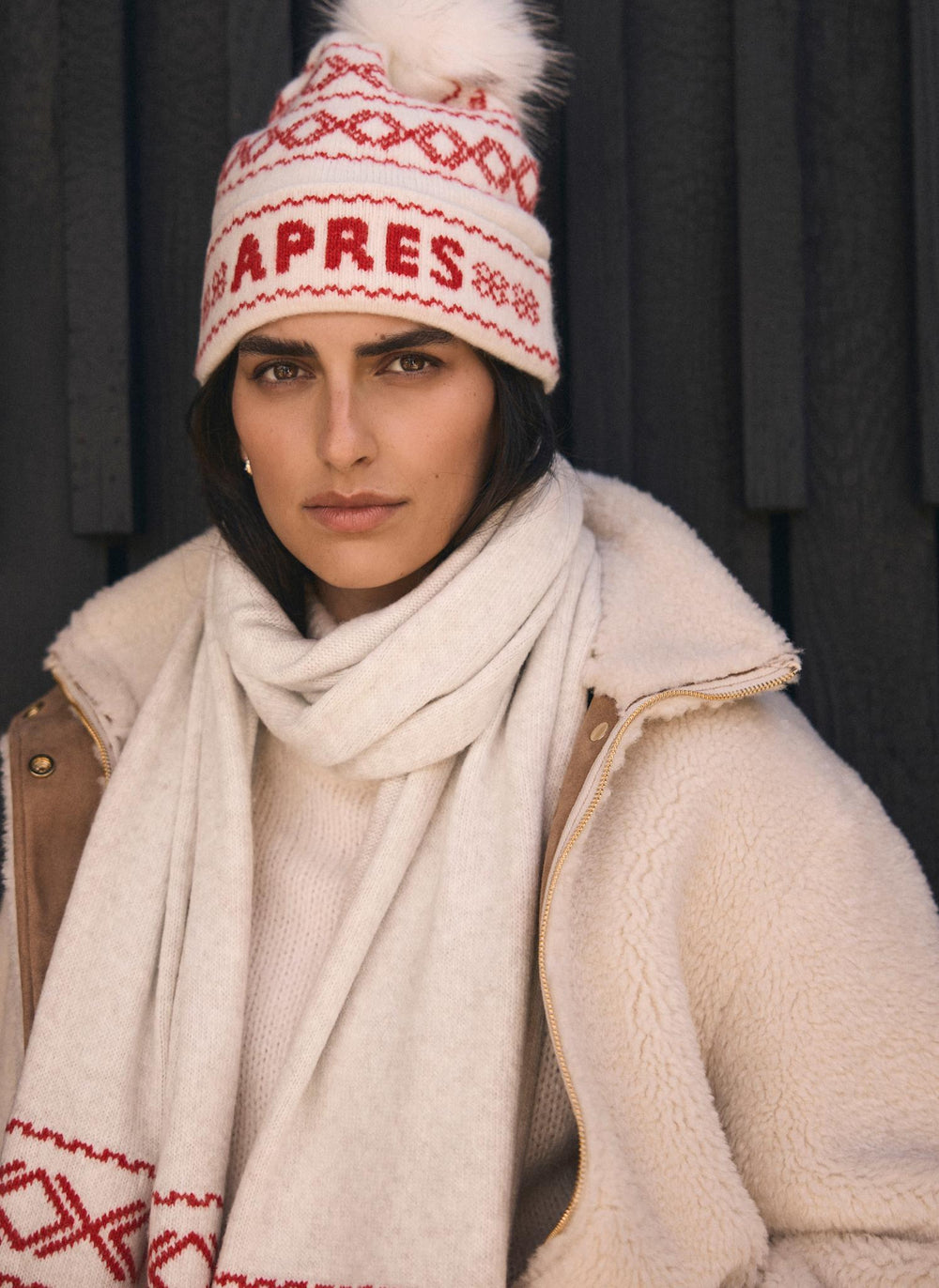 Red Graphic Apres Knit Bobble Hat