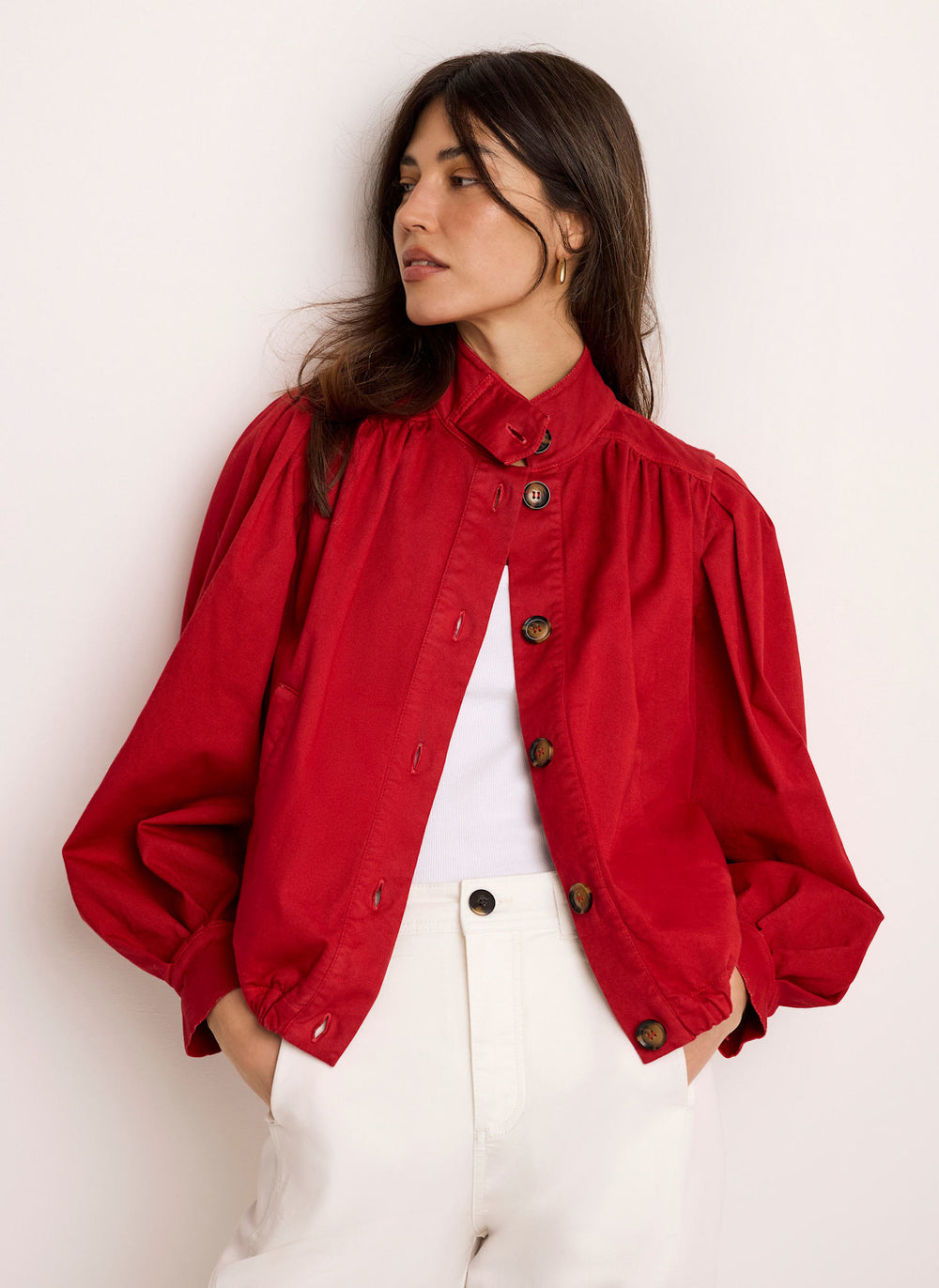 Red Cotton Blend Puff Sleeve Jacket