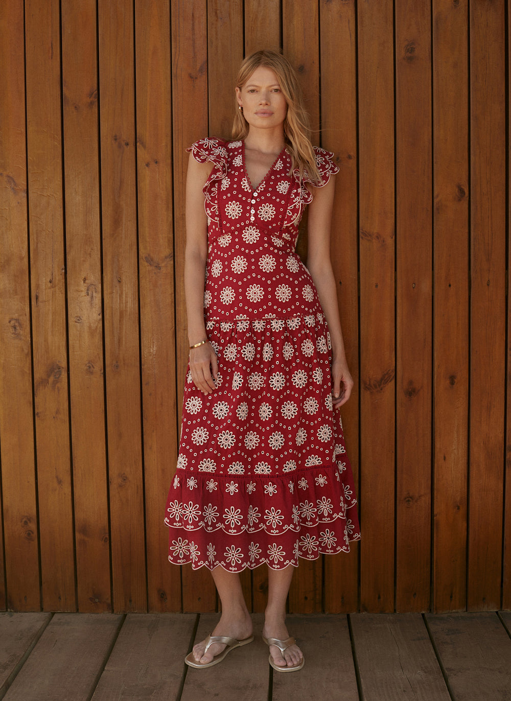 Red Cotton Broderie Midi Dress