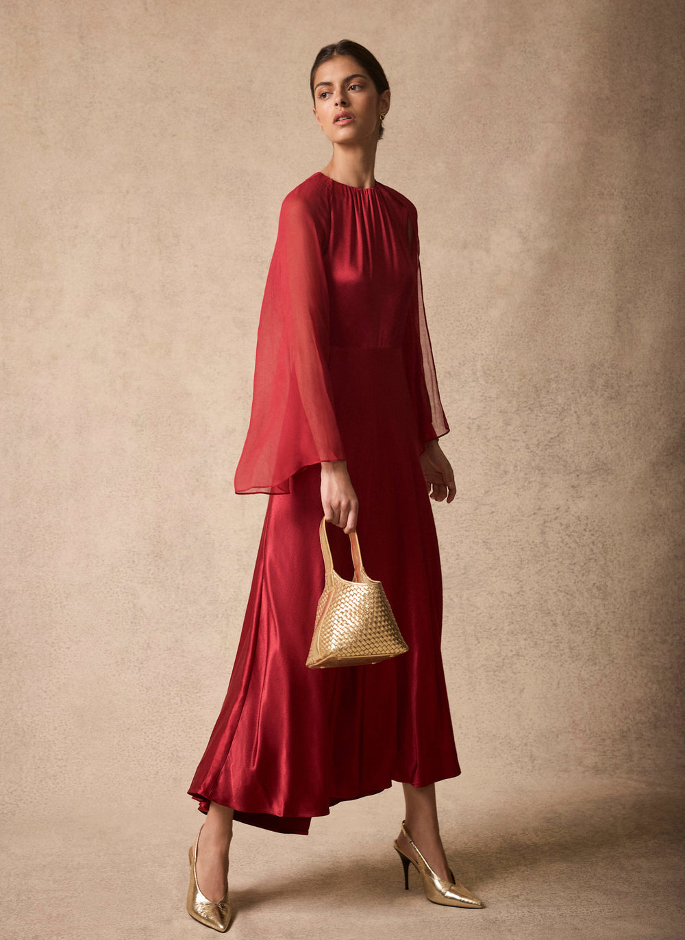 Red Cape Detail Maxi Dress