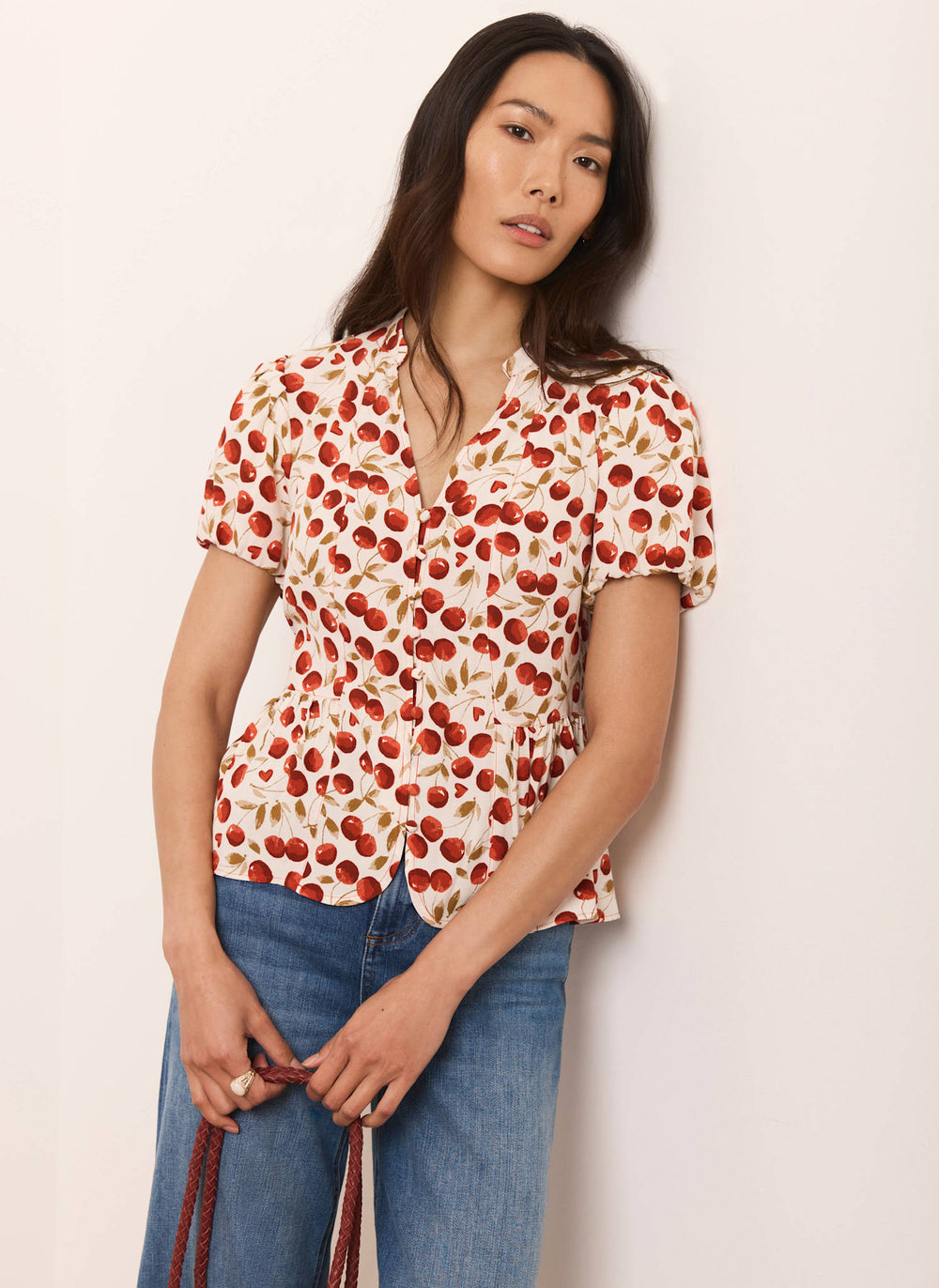 Red Cherry Print Puff Sleeve Top