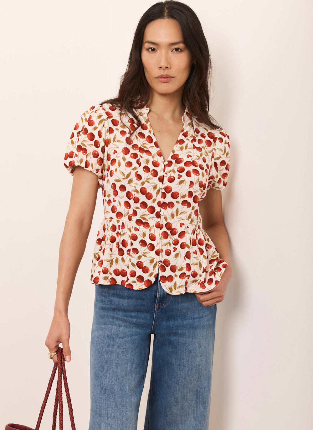 Red Cherry Print Puff Sleeve Top
