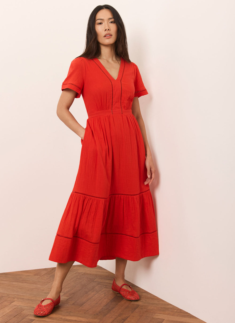 Red Cotton Cheesecloth Midi Dress