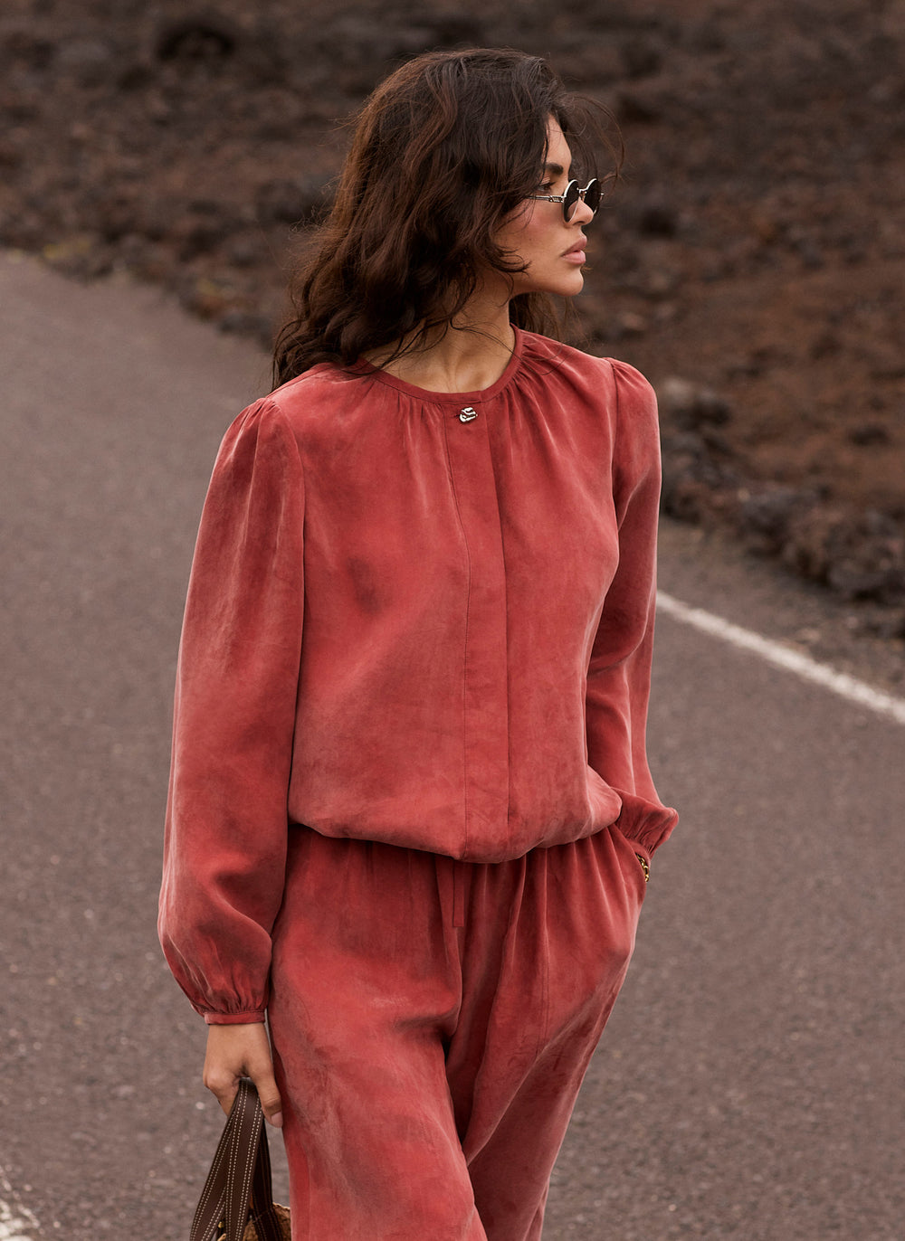 Rust Red Long Sleeve Bomber Blouse